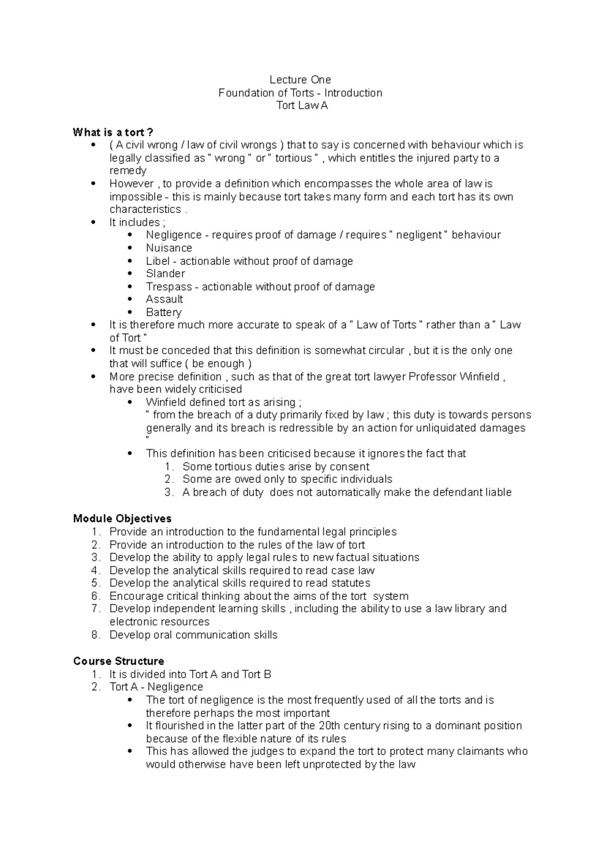 Tort Law Semester 1 Full Notes - Lecture One Foundation Of Torts ...