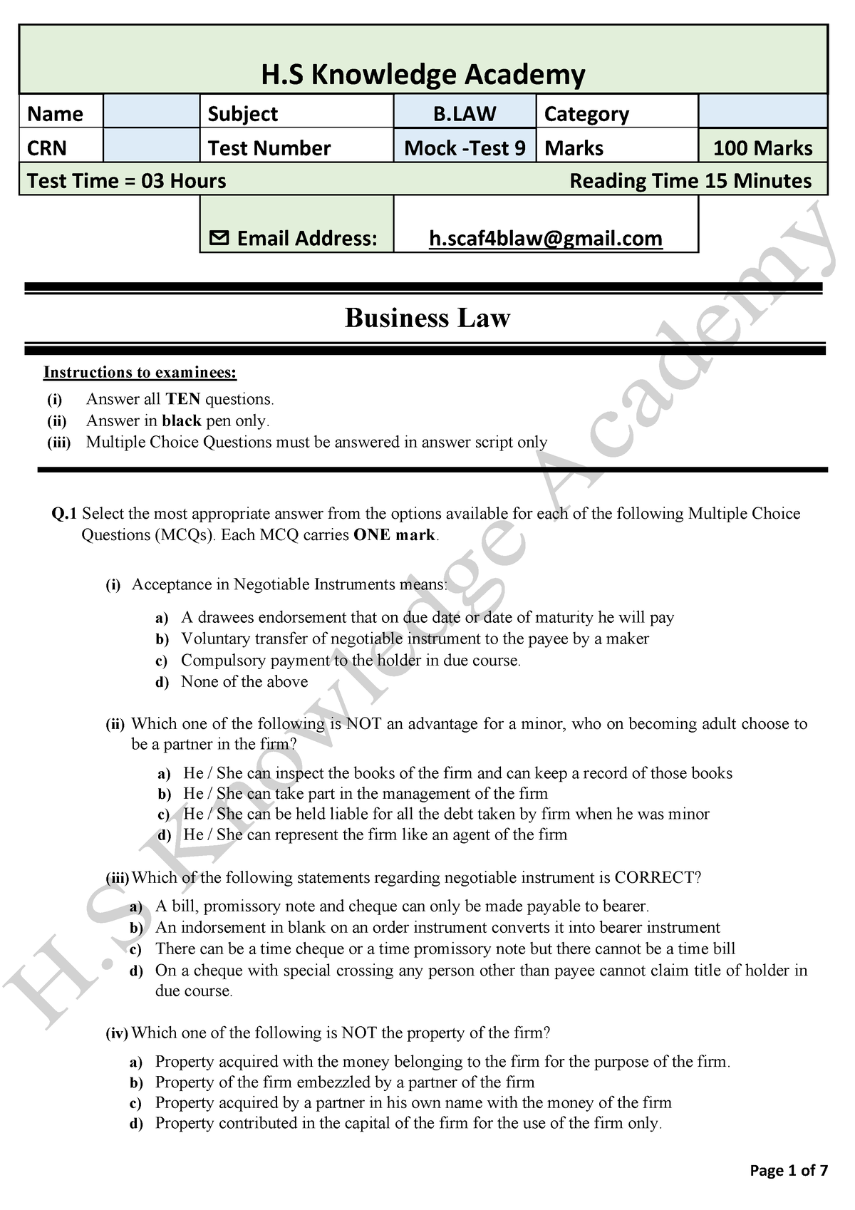 B.Law- Mock (Q.p)-T 9 - Notes - Business Law Instructions To Examinees ...