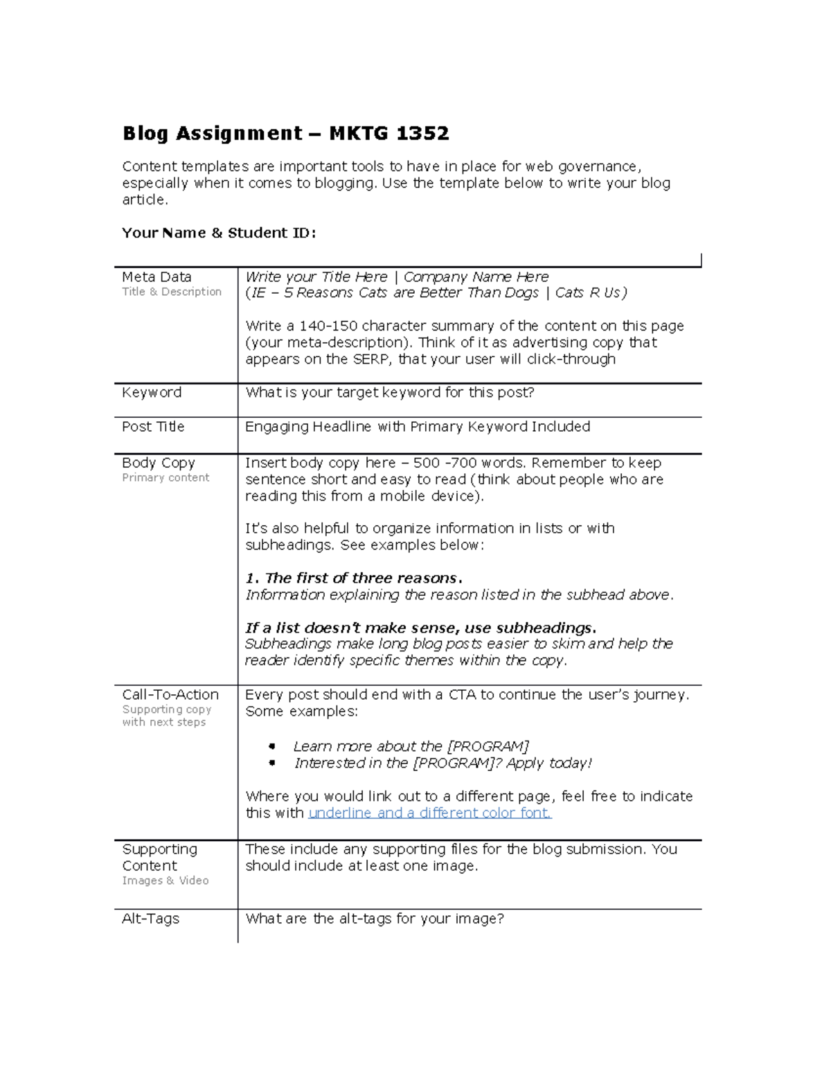 Blog Assignment Template - Content Marketing - Blog Assignment – MKTG ...
