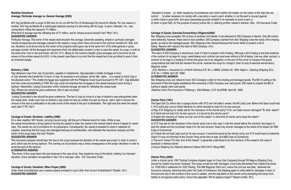 Maritime Law Questions And Answers Maritime Commerce Average Particular Average Vs General