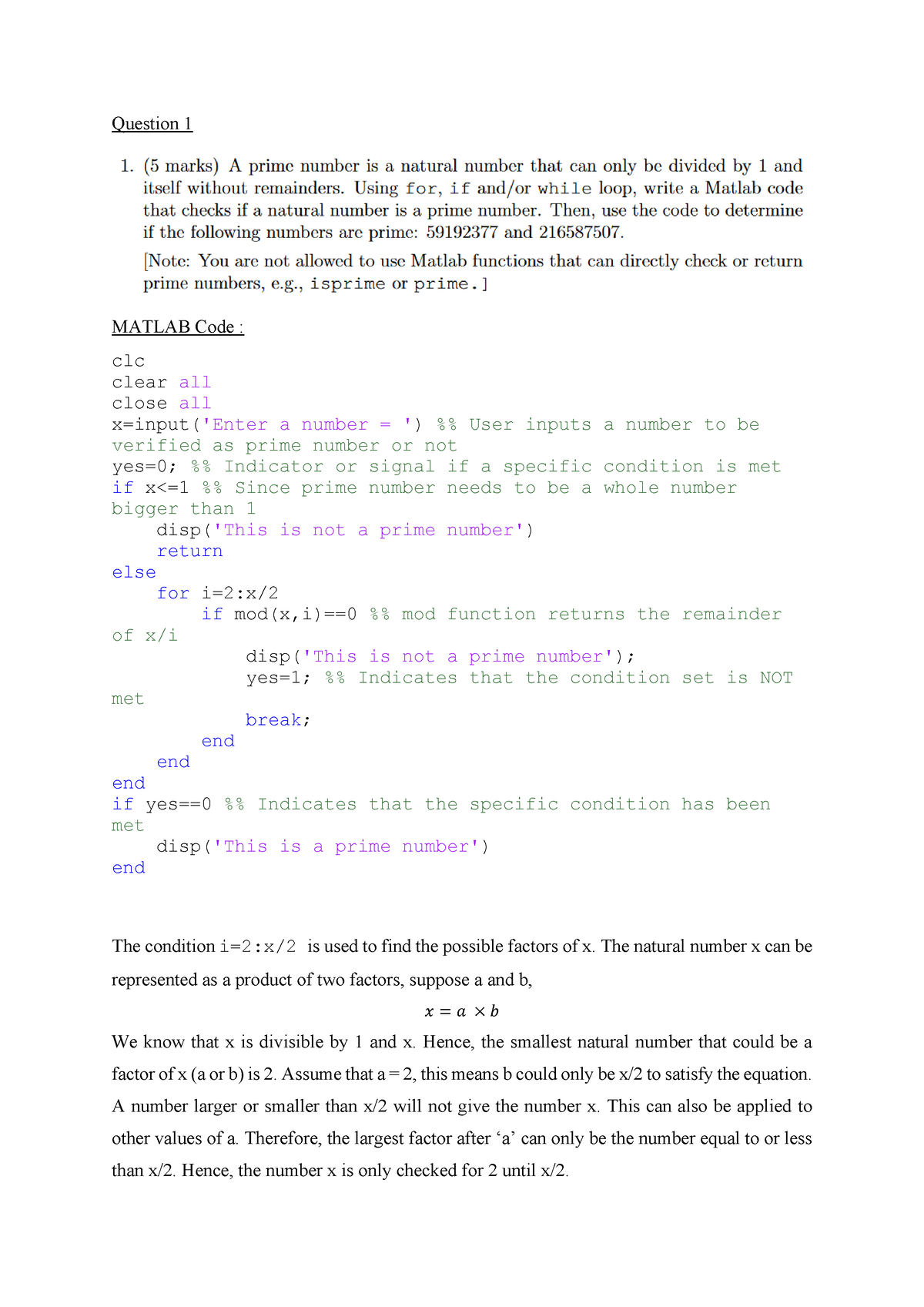 Modelling Assignment_Prime Number Determination in MATLAB - Question 1 ...