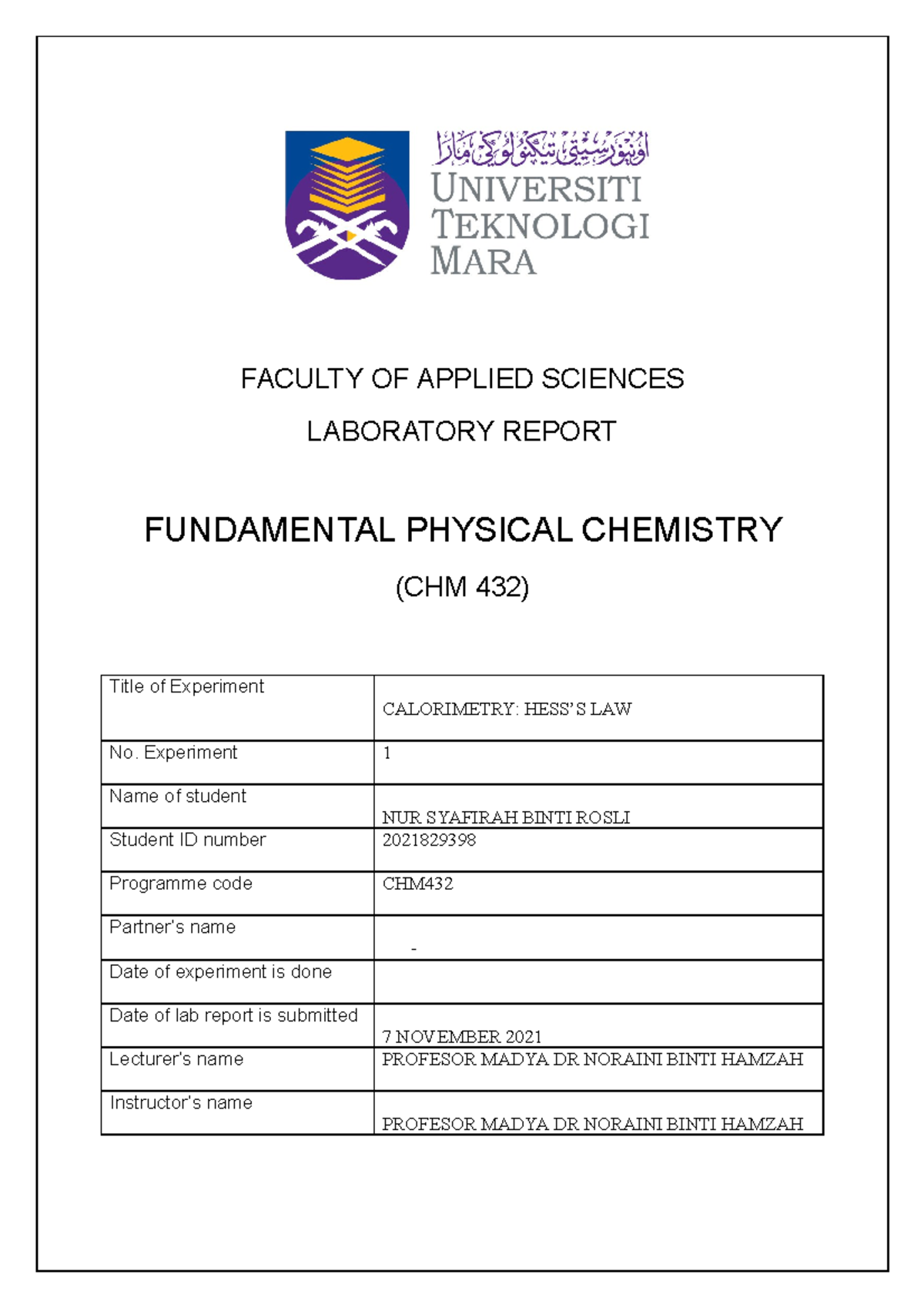 experiment Calorimetry experiment 1 CHM432 FACULTY OF APPLIED