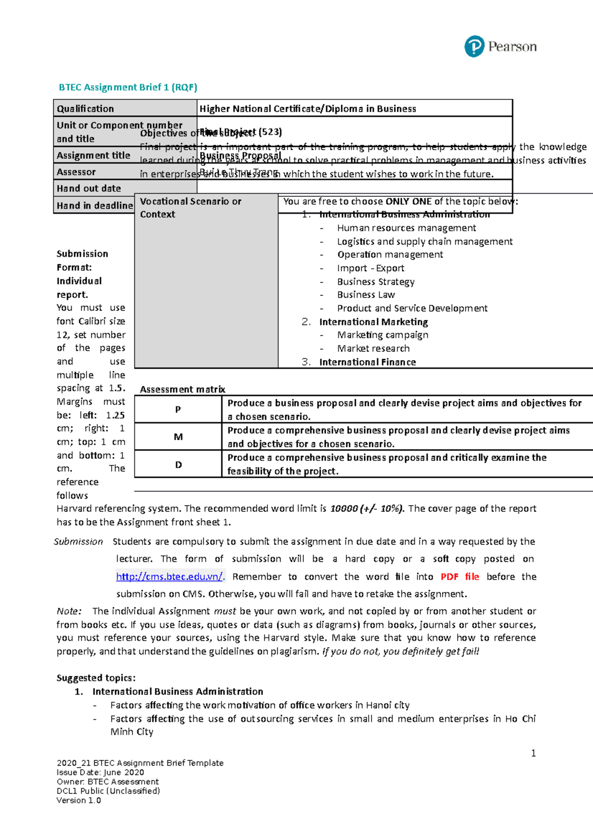 523 -Assignment 1 Brief Final-Project 2021 - BTEC Assignment Brief 1 ...