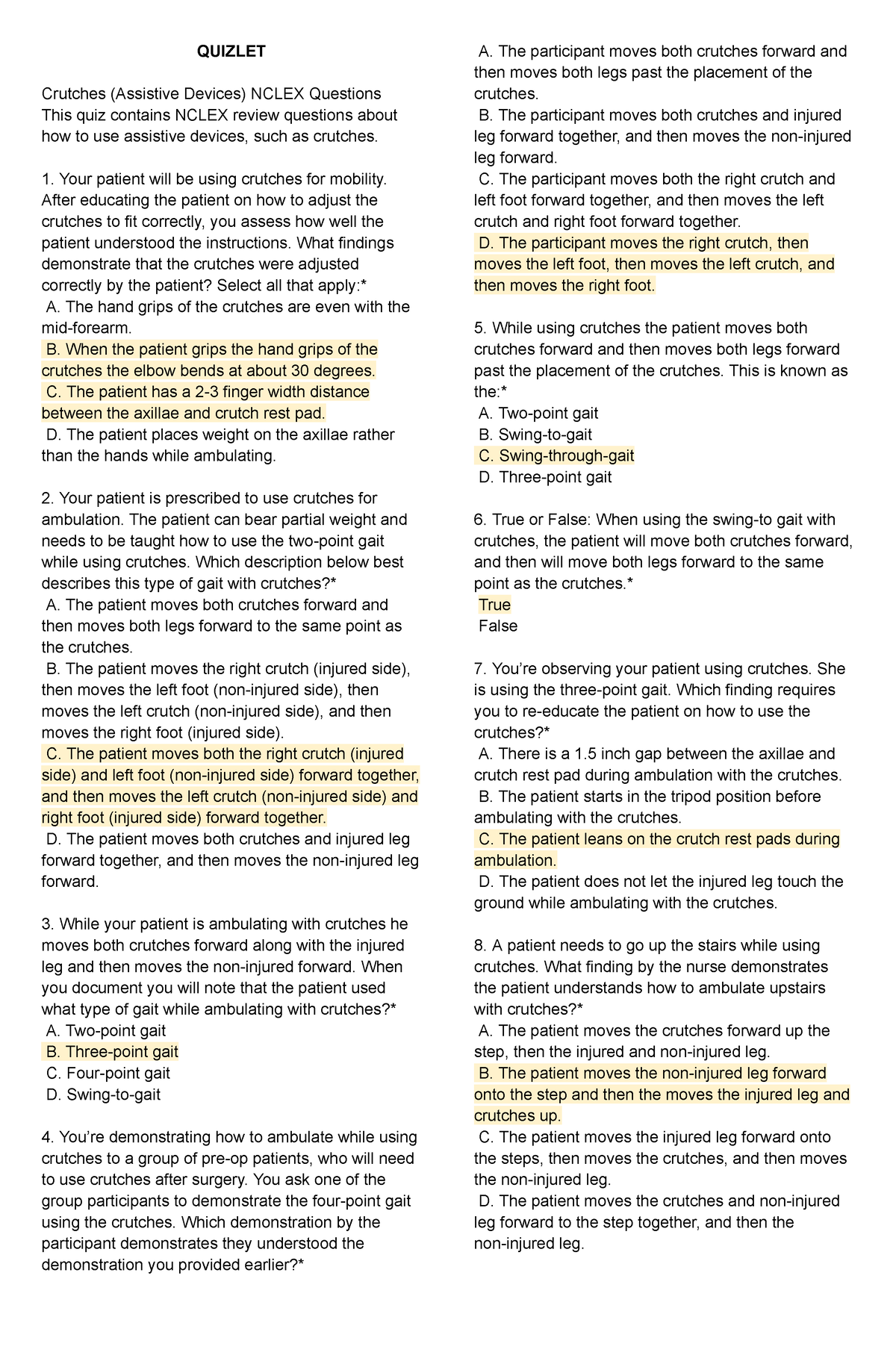 RLE Questions Nursing - QUIZLET Crutches (Assistive Devices) NCLEX ...