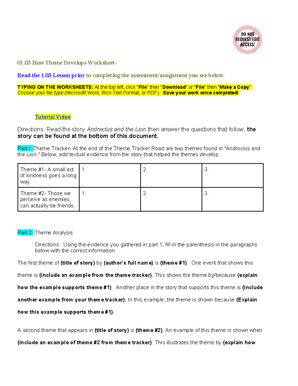 1.03 How Theme Develops Worksheet - 01 How Theme Develops Worksheet ...