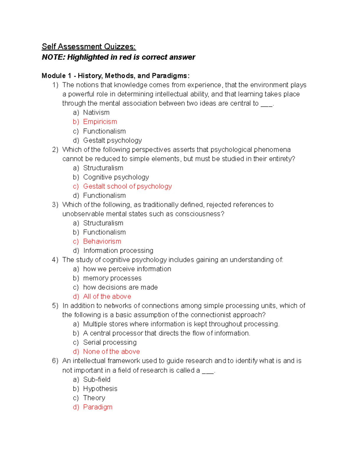 Psych 207 Self-Quiz - Self Assessment Quizzes: NOTE: Highlighted in red ...