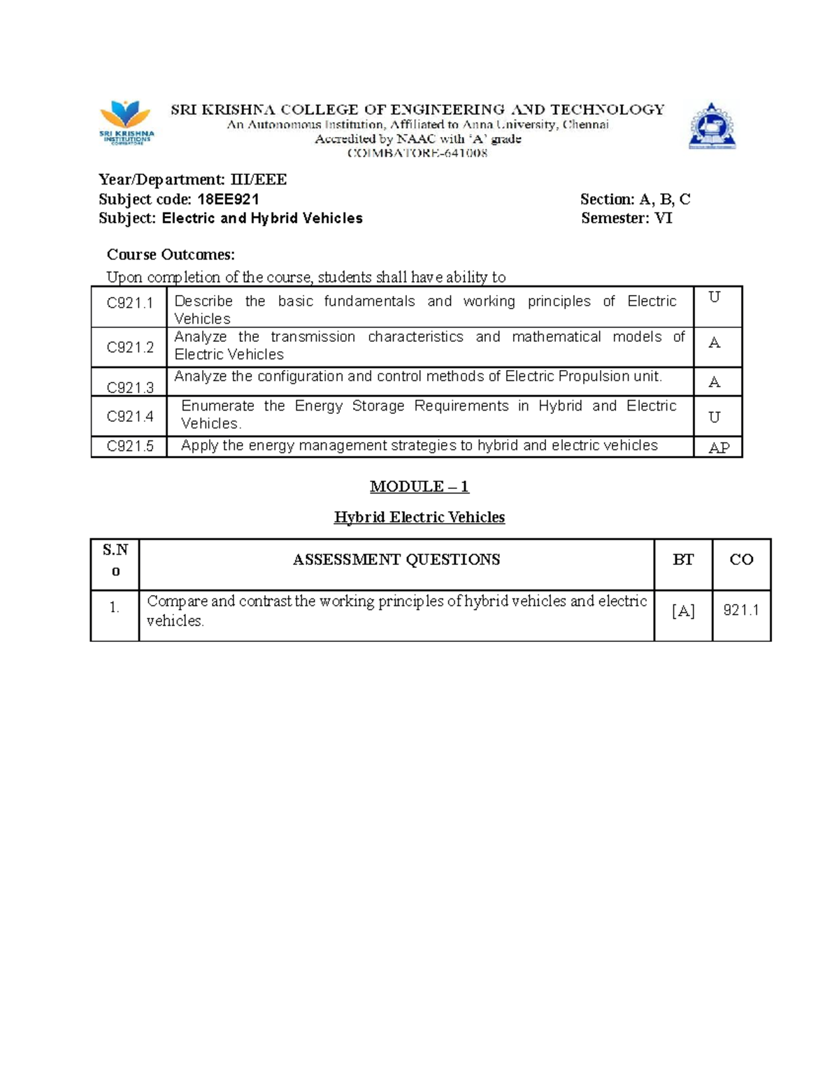 1.1 Assessment Year/Department III/EEE Subject codeSubject
