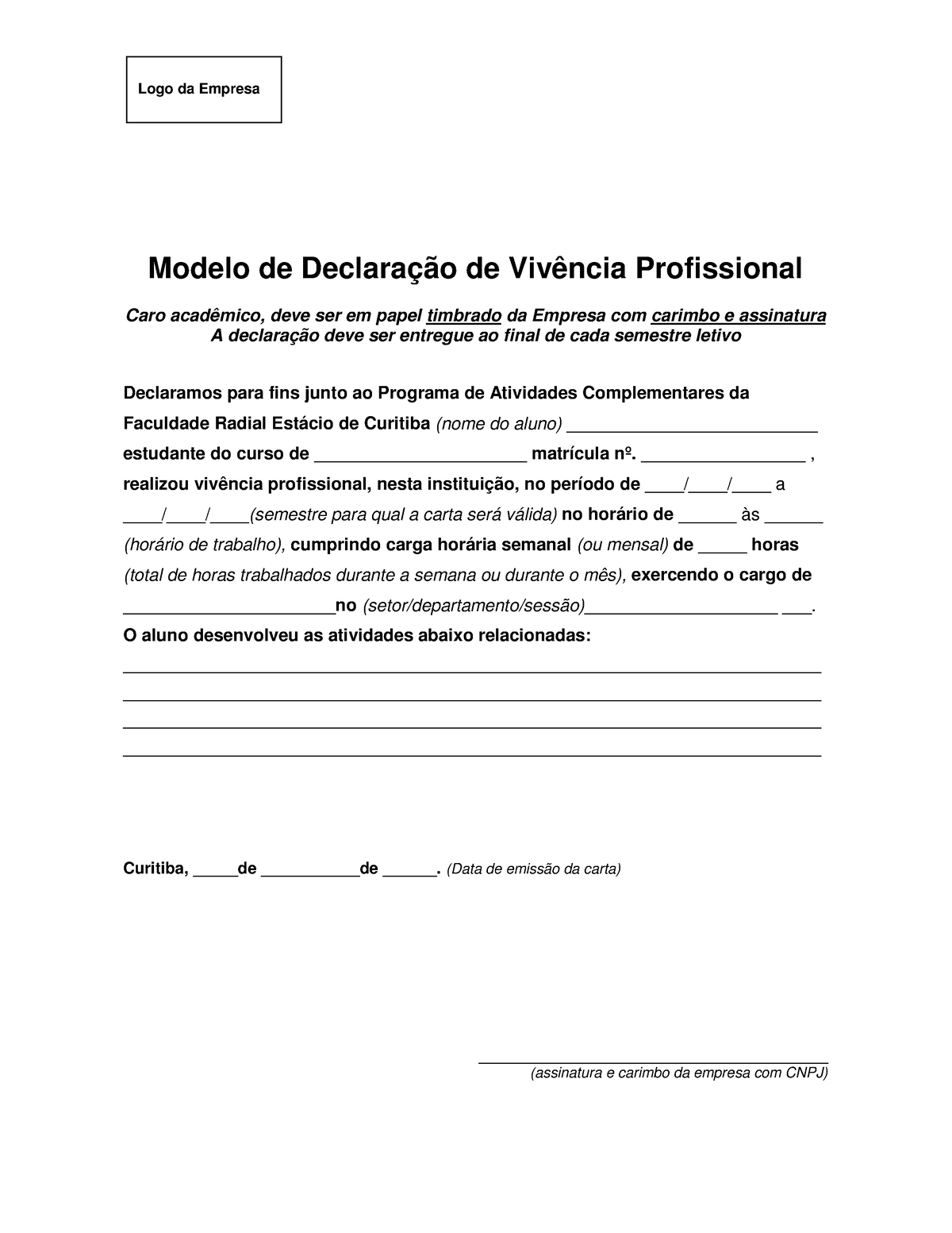 Vivencia Profissional Modelo Modelo De Declaração De Vivência Profissional Caro Acadêmico 4410
