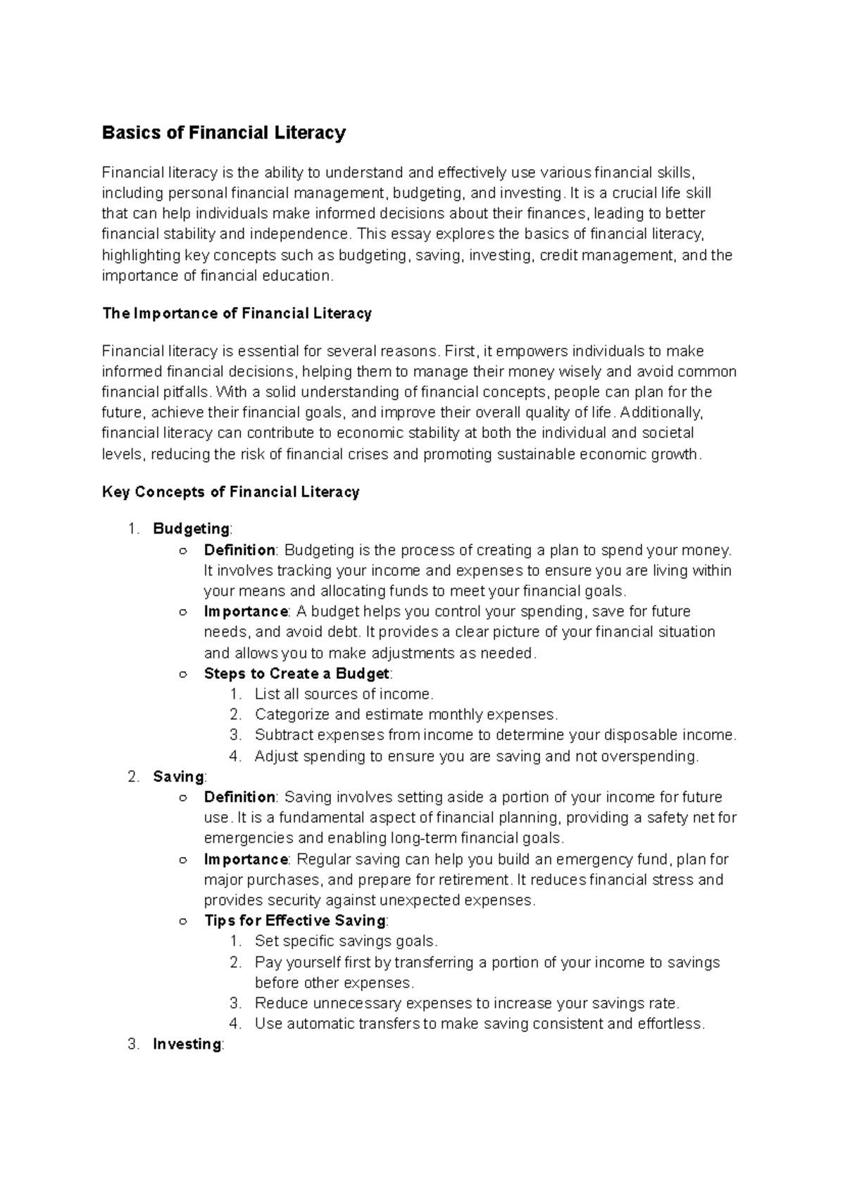 Basics of Financial Literacy Basics of Financial Literacy Financial