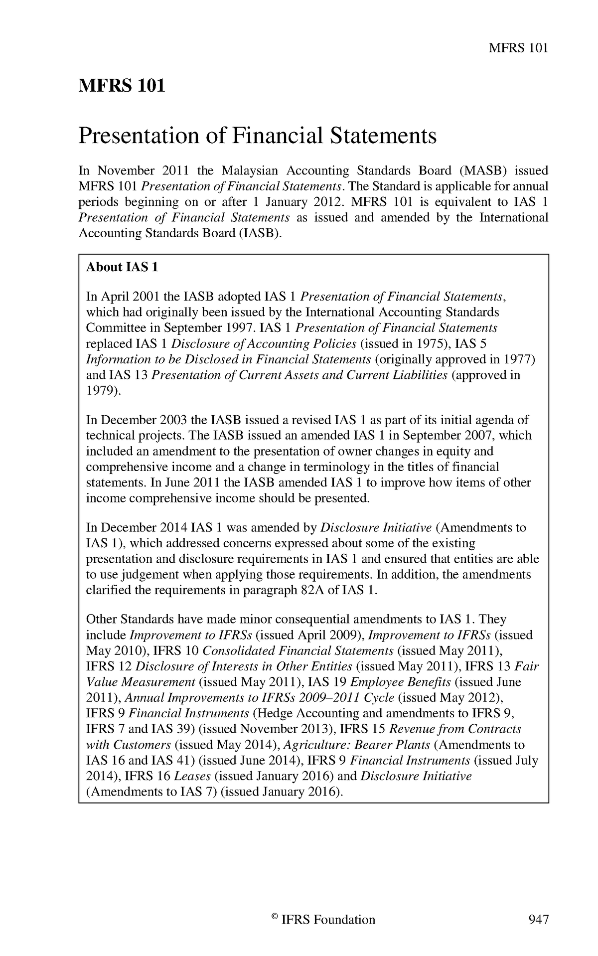 MFRS101 - MFRS 101 Presentation of Financial Statements In November ...