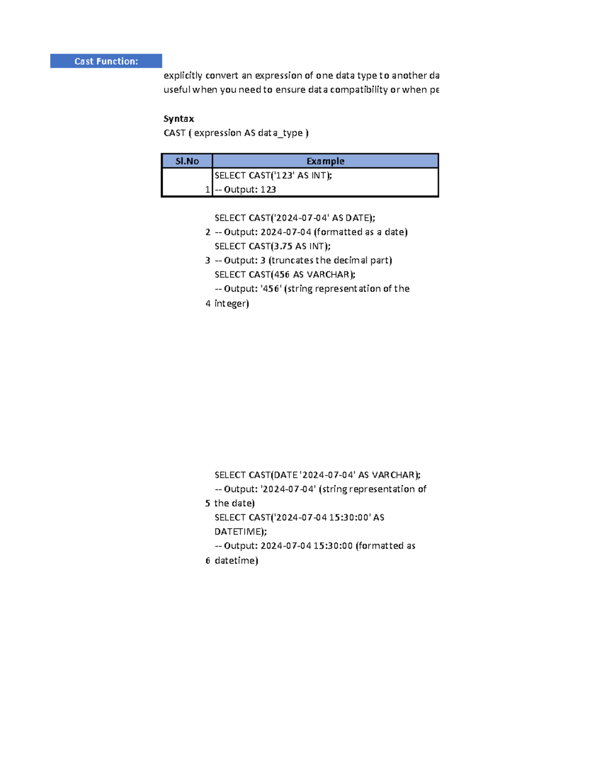 SQL Cheat Sheet - Cast Function: explicitly convert an expression of ...