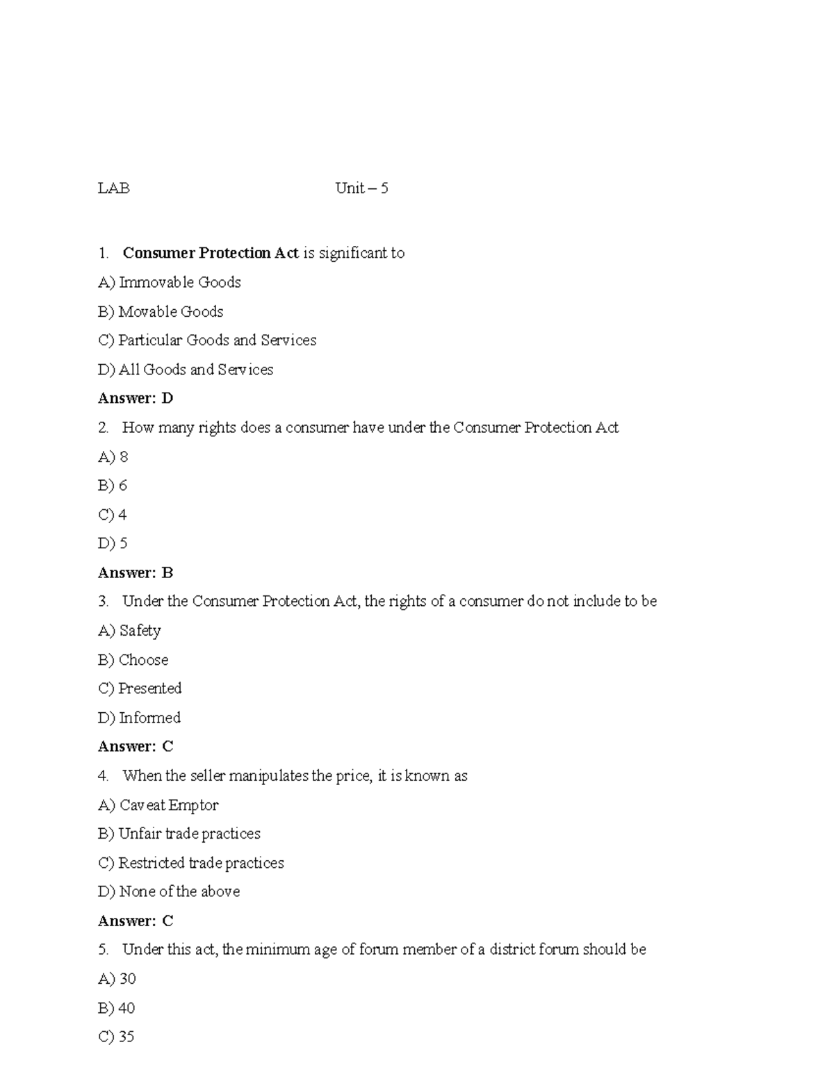 LAB MCQS REV 5 mcq questons LAB Unit 5 Consumer Protection