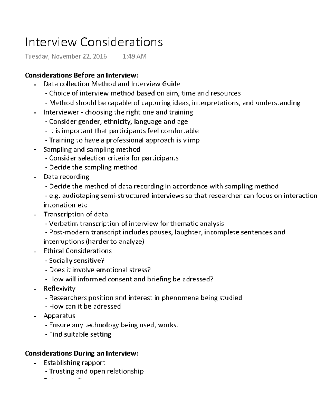 Pap9 - Writing notes - Considerations Before an Interview: Data ...