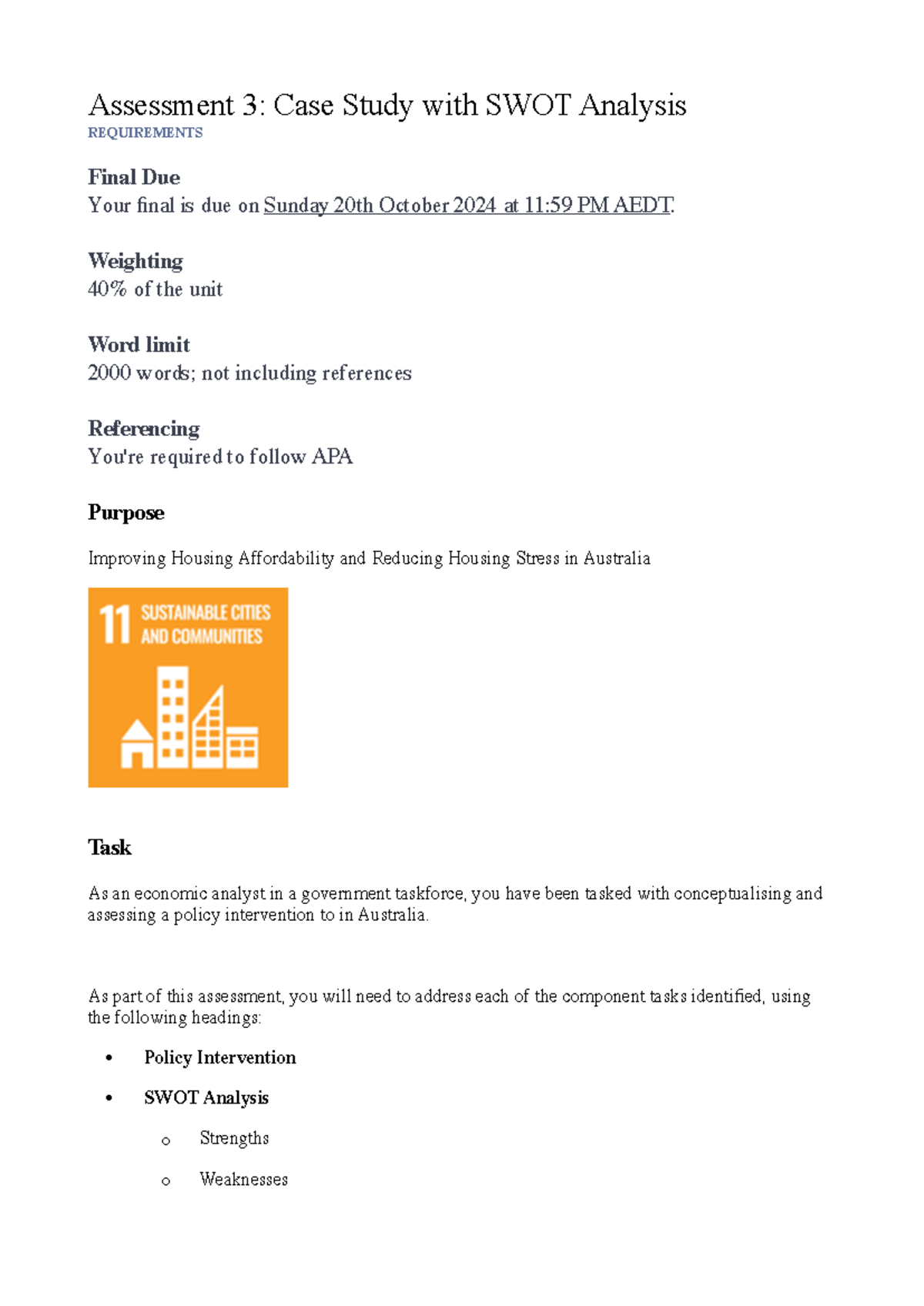 ECON 1042 Case Study Rubric - Assessment 3: Case Study with SWOT ...