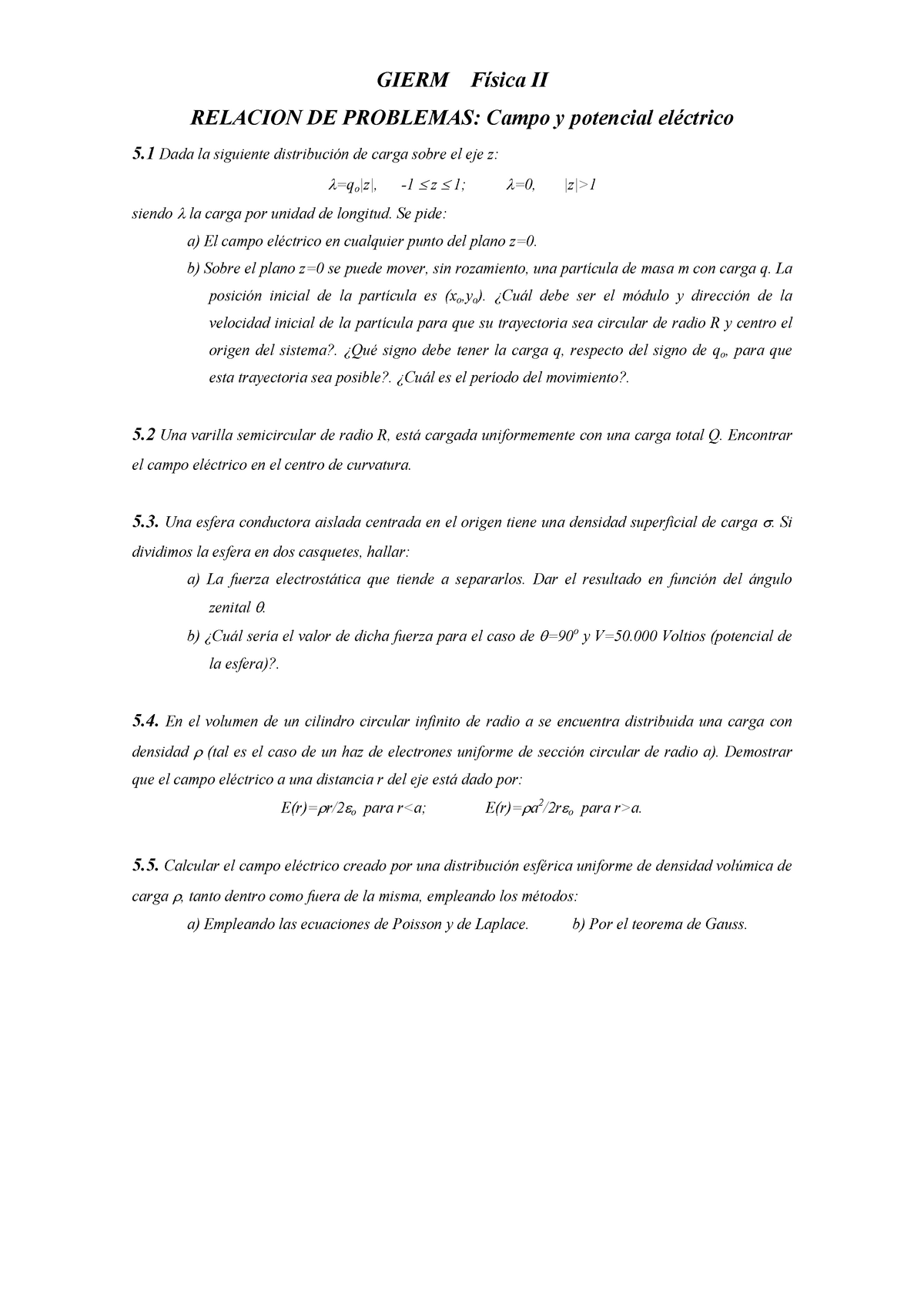 E-Tema 5 (Campo Y Potencial Eléctrico) - GIERM Física II RELACION DE ...