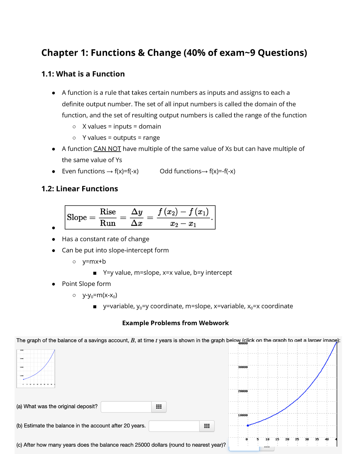 Chapter 1 Calc Midterm - Chapter 1: Functions & Change (40% of exam~9 ...