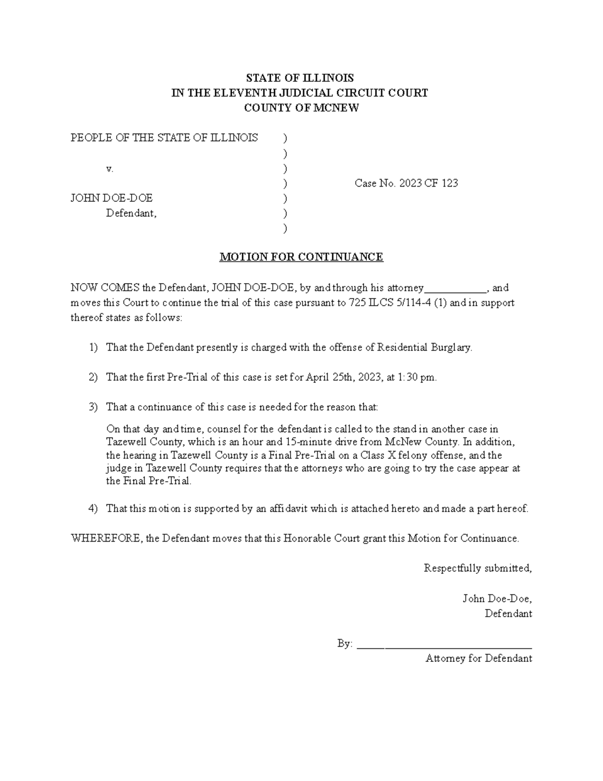 Motion to continue Crim - STATE OF ILLINOIS IN THE ELEVENTH JUDICIAL ...