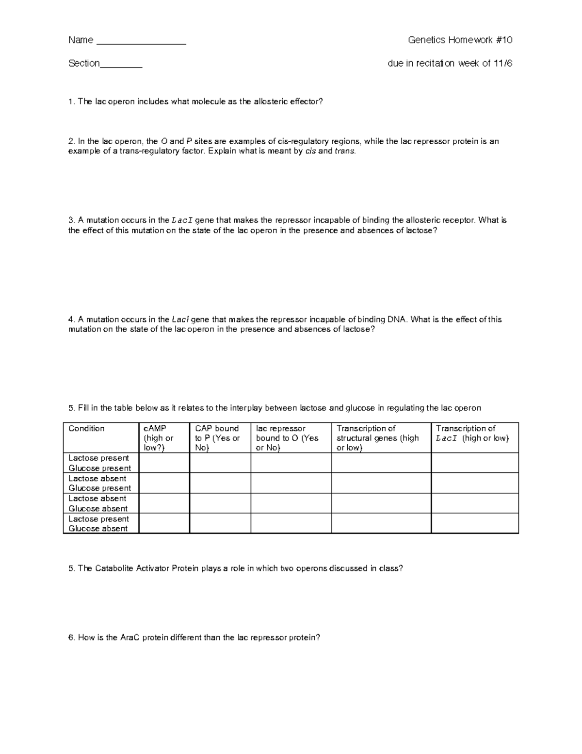 Homework Assignment 10 - Name Genetics Homework due in recitation week ...