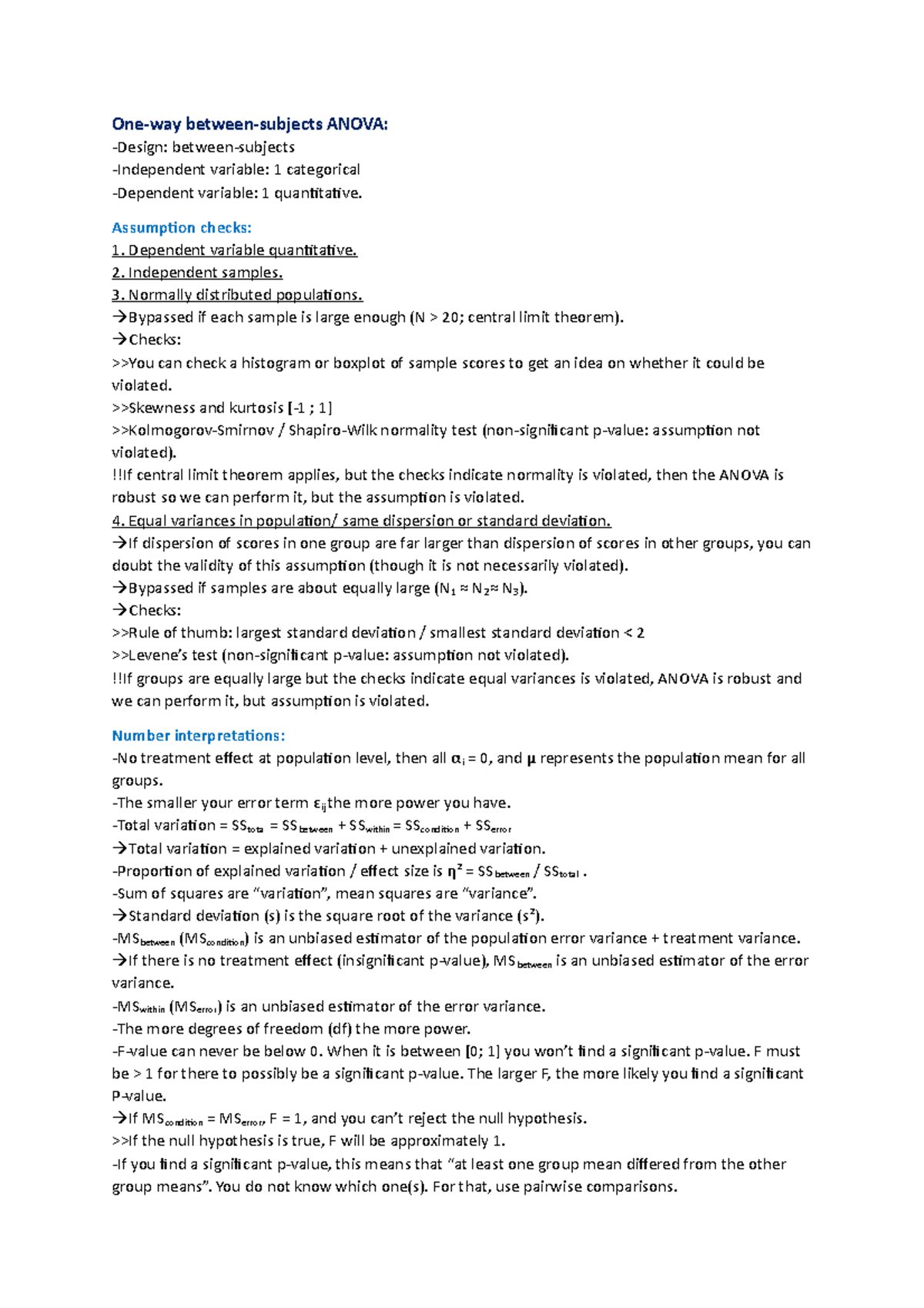Statistics II Models Overview - One-way between-subjects ANOVA: -Design ...