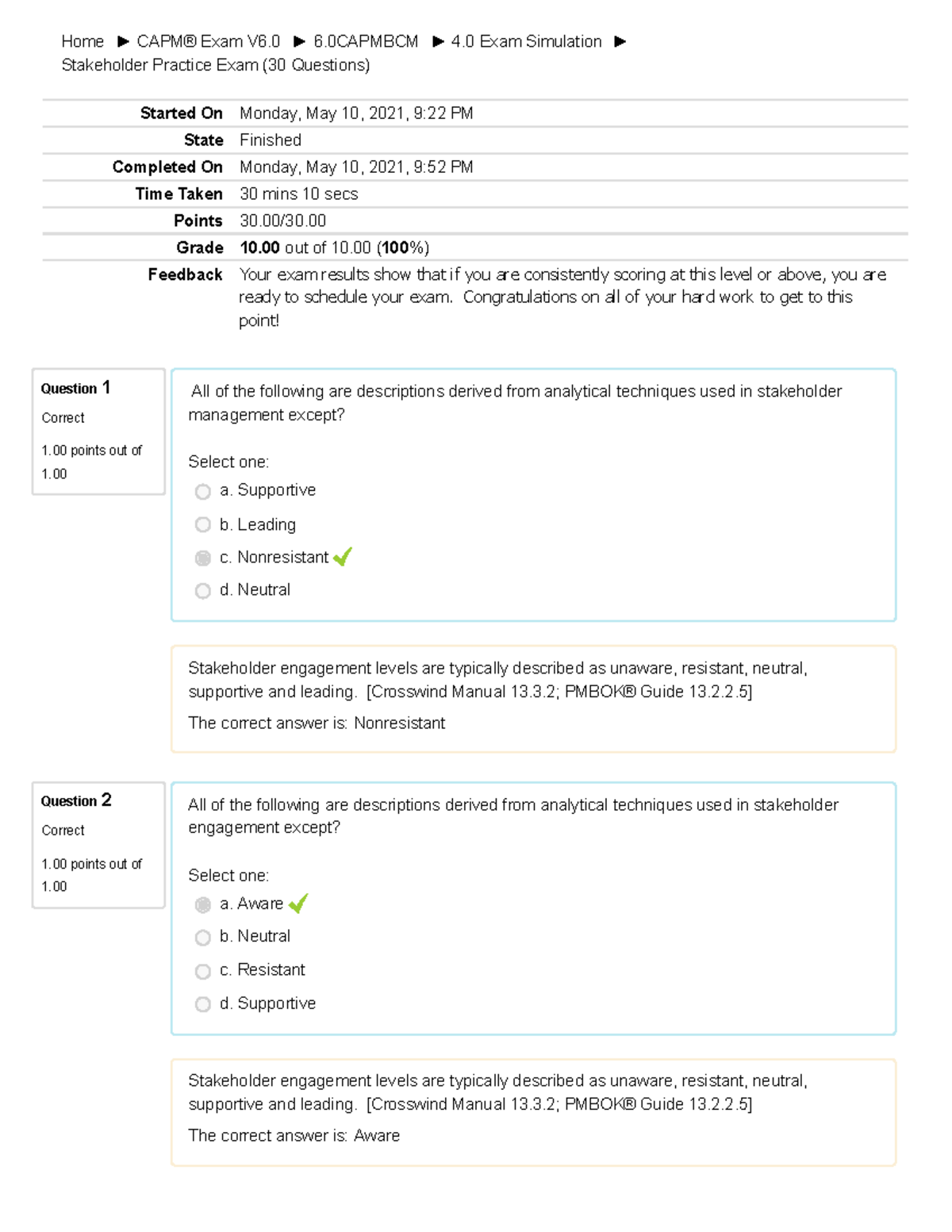 2-3 Quiz Stakeholder Practice Exam (30 Questions) - Home CAPM® Exam V6 ...