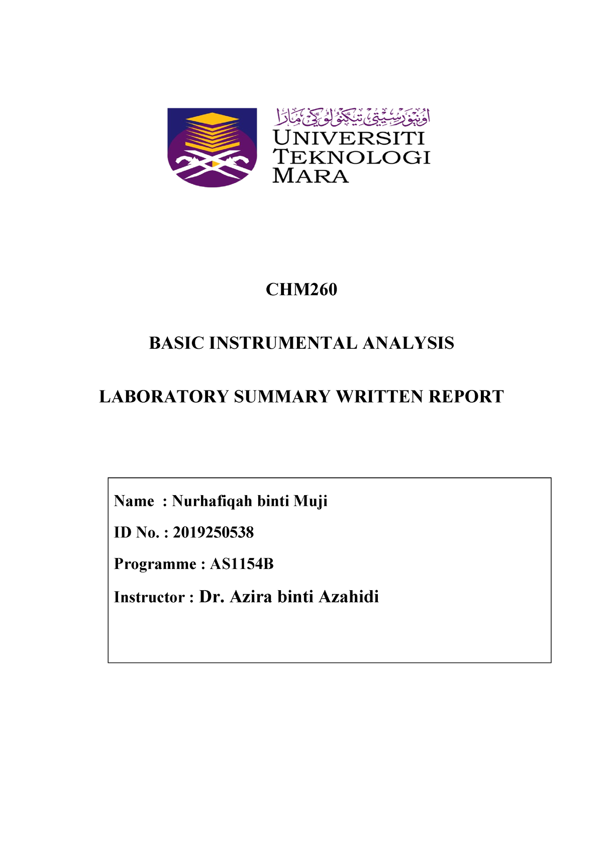 CHM260 Experiment 1 - CHM BASIC INSTRUMENTAL ANALYSIS LABORATORY ...