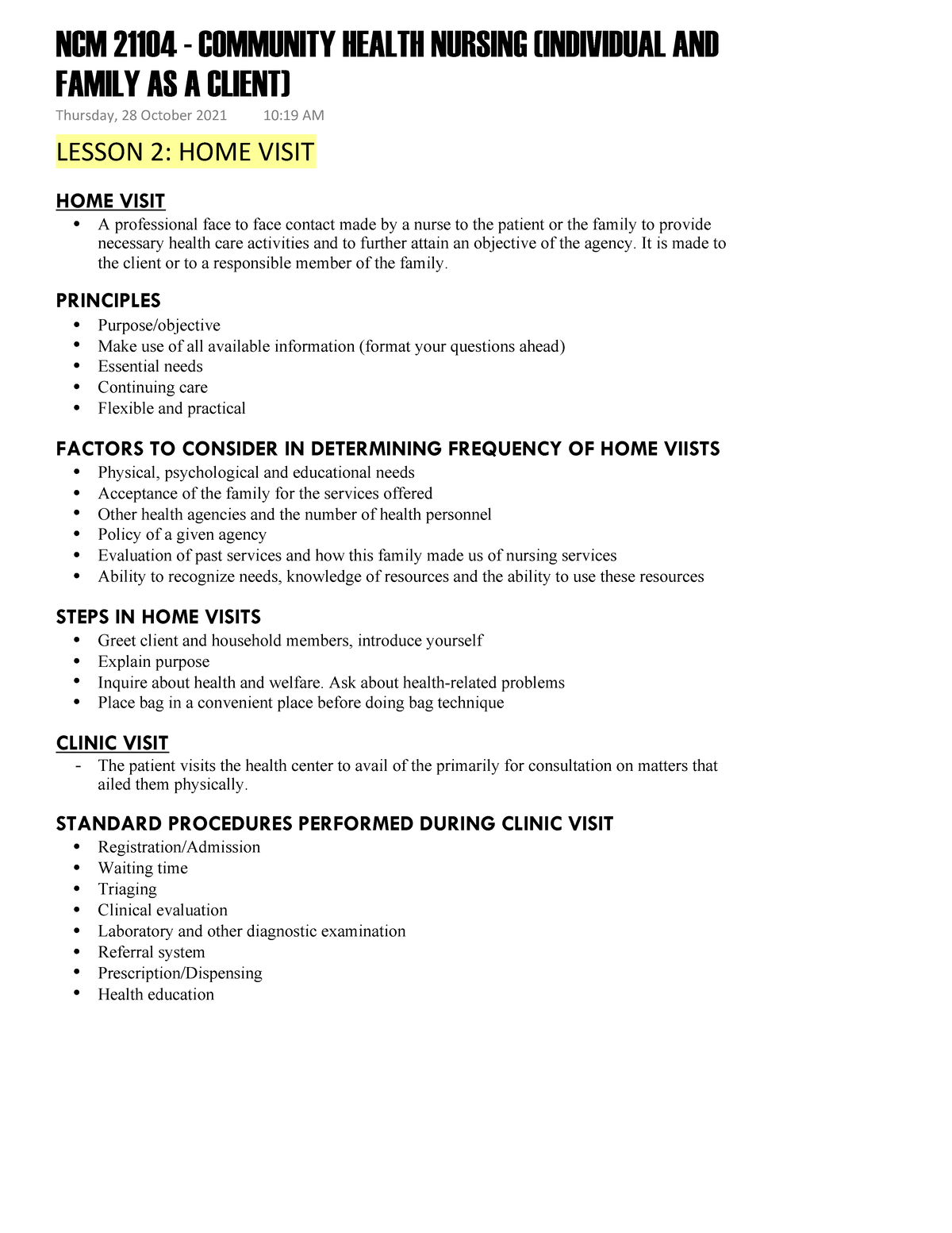 Community Health Nursing Home Visit LESSON 2 HOME VISIT HOME VISIT A 