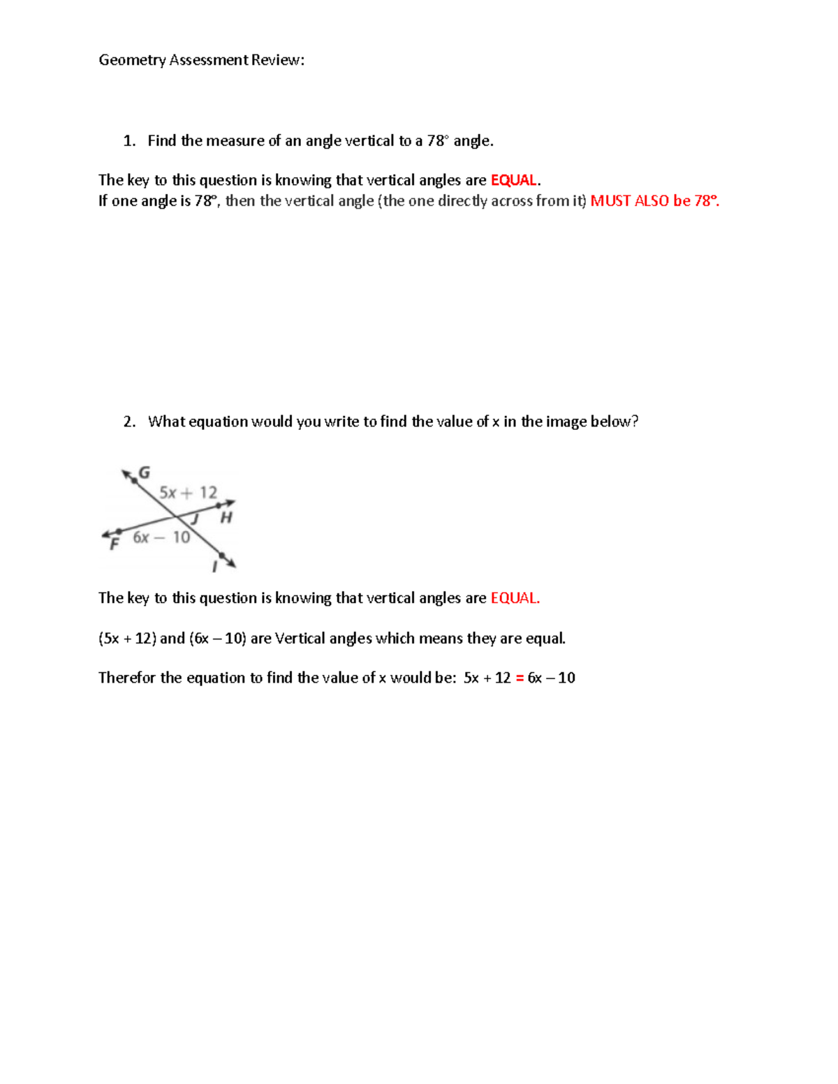Geometry Assessment Review - Find the measure of an angle vertical to a ...