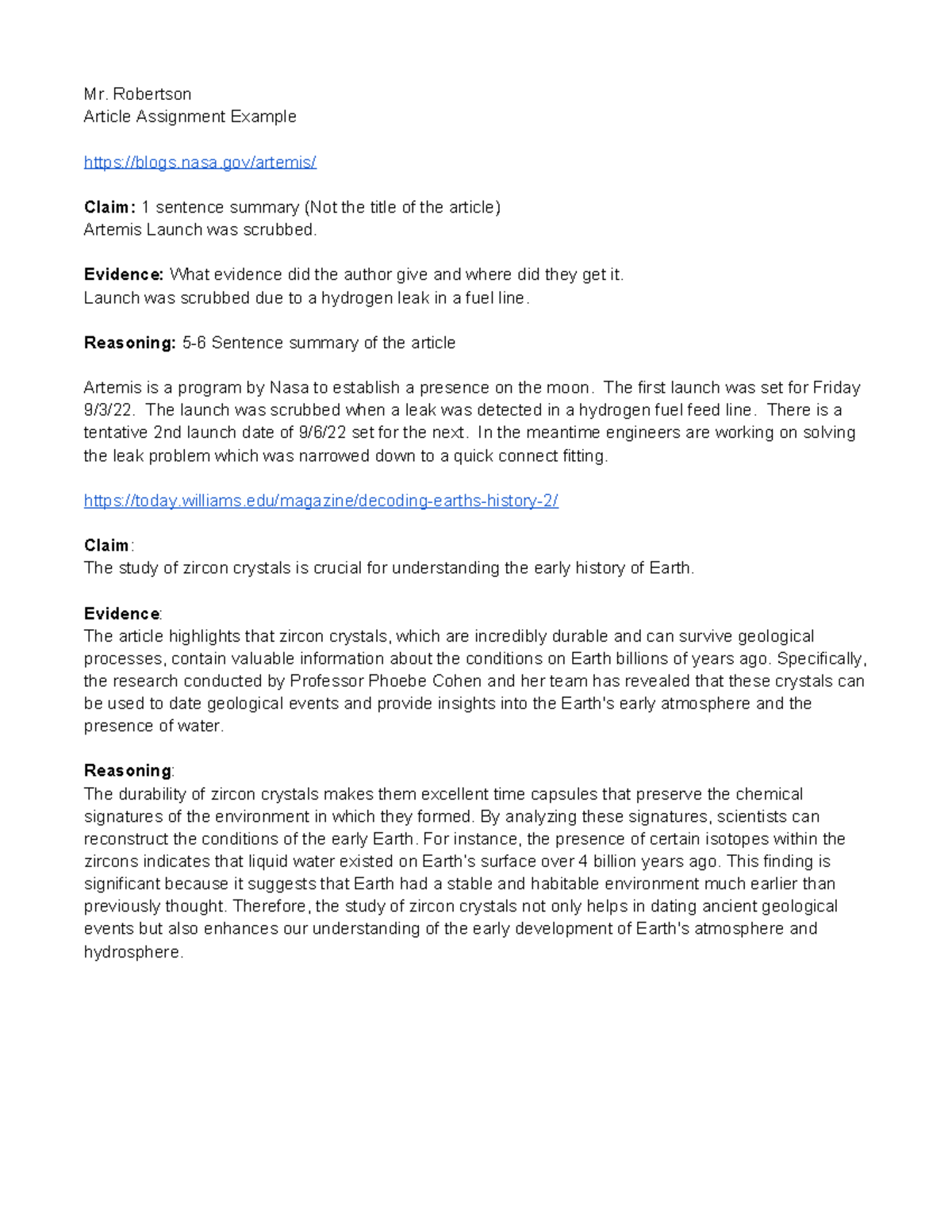 Copy of Article Assignment Example - Mr. Robertson Article Assignment ...