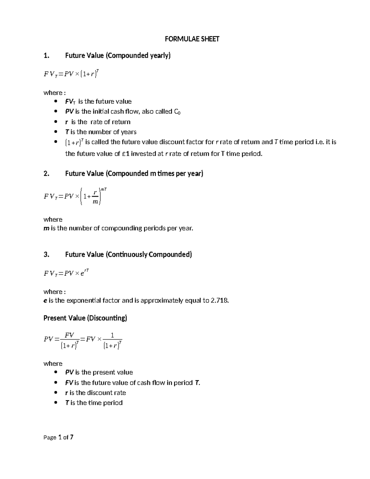 FINU9F3-CF Formulae Sheet - FORMULAE SHEET Future Value (Compounded ...