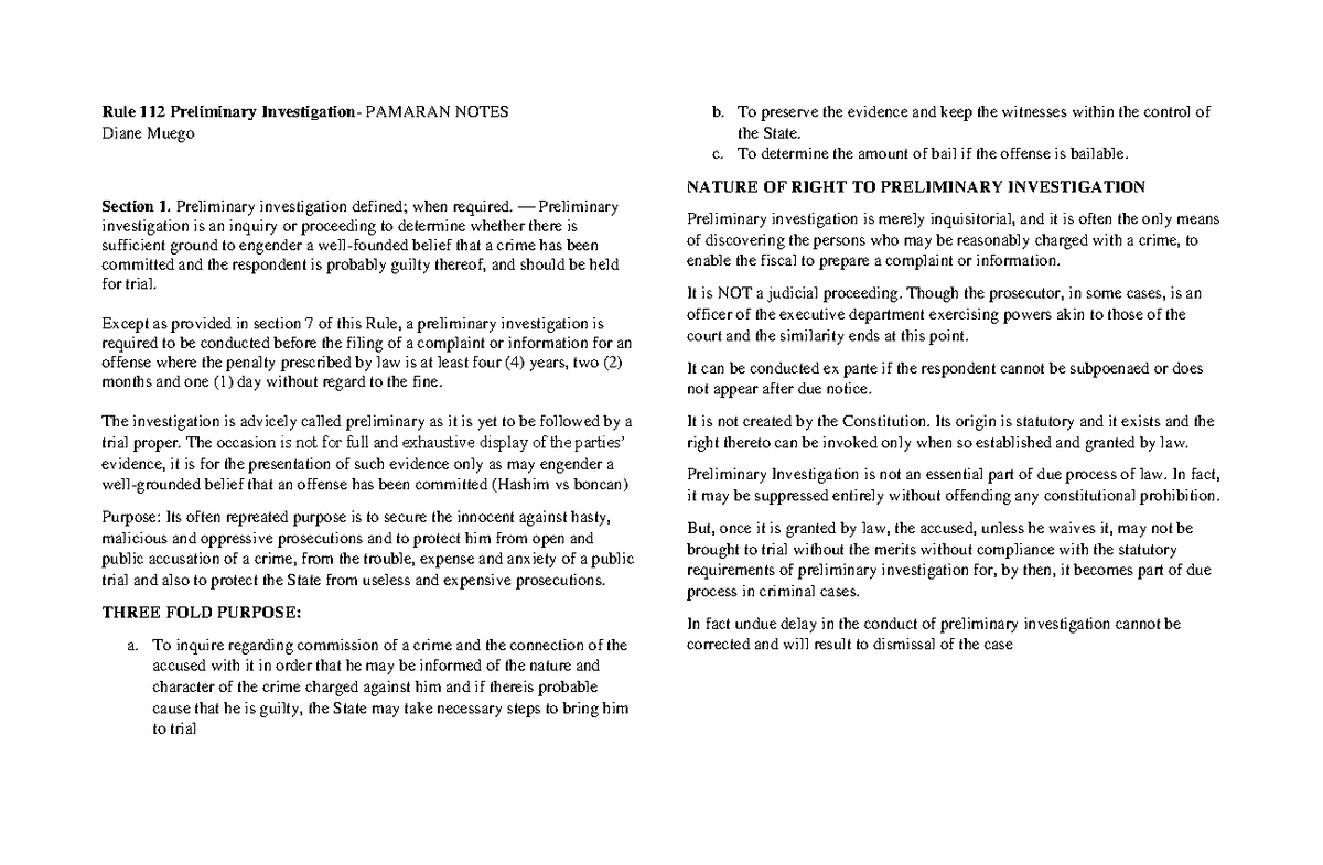 Rule 112 - Preliminary Investigation notes and lectures. - Criminal Law ...