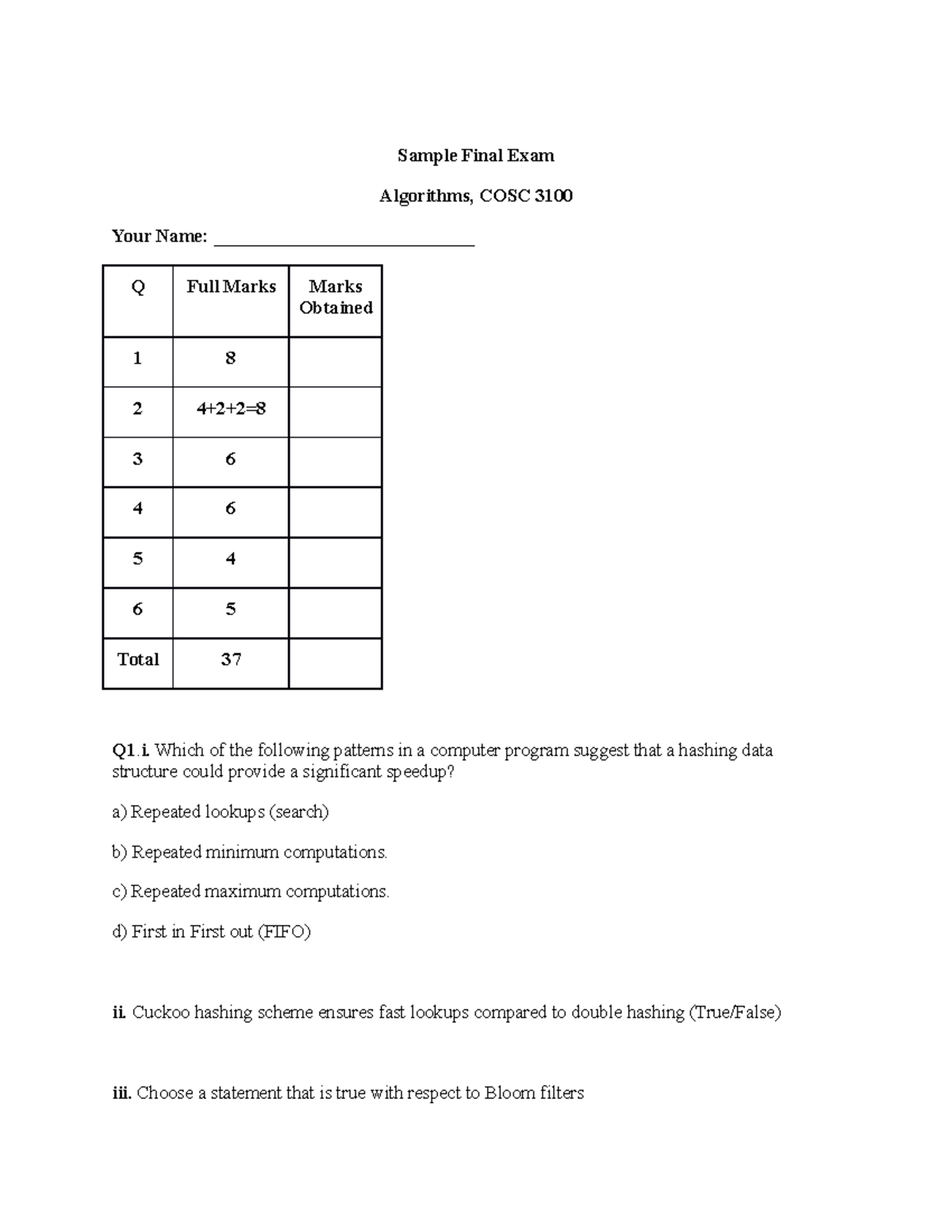 Sample Final 2022 - Practice - Sample Final Exam Algorithms, COSC 3100 ...