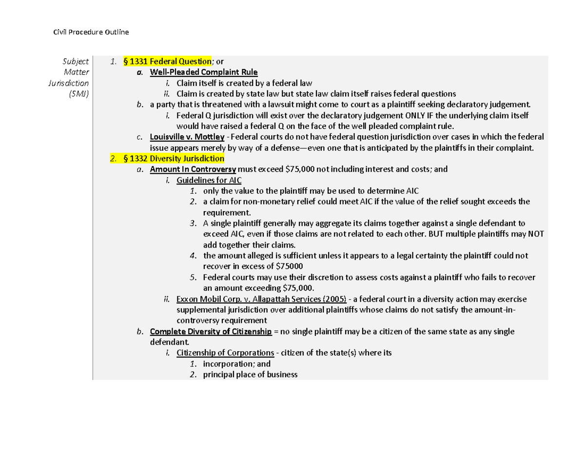 Civ Pro Outline For Midterm - Subject Matter Jurisdiction (SMJ) § 1331 ...