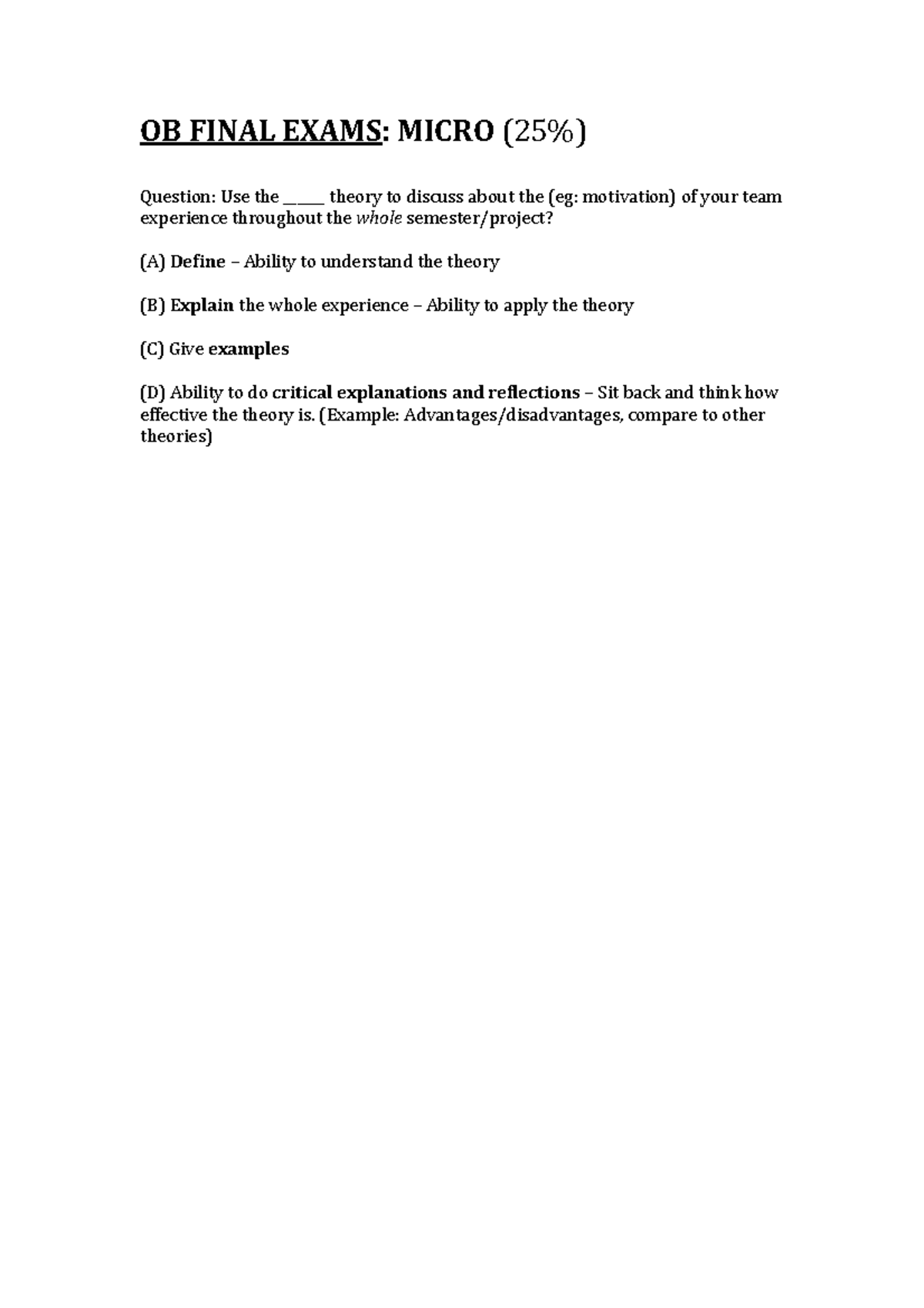 Notes for exam preparation Organisational Behaviour OB FINAL EXAMS