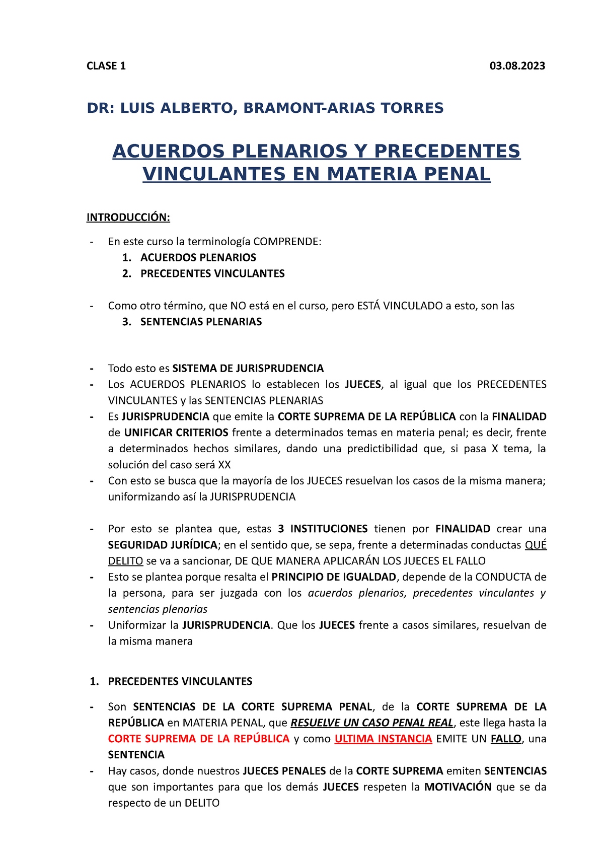 Clases Acuerdos Plenarios Y Precedentes Vinculantes EN Materia Penal ...