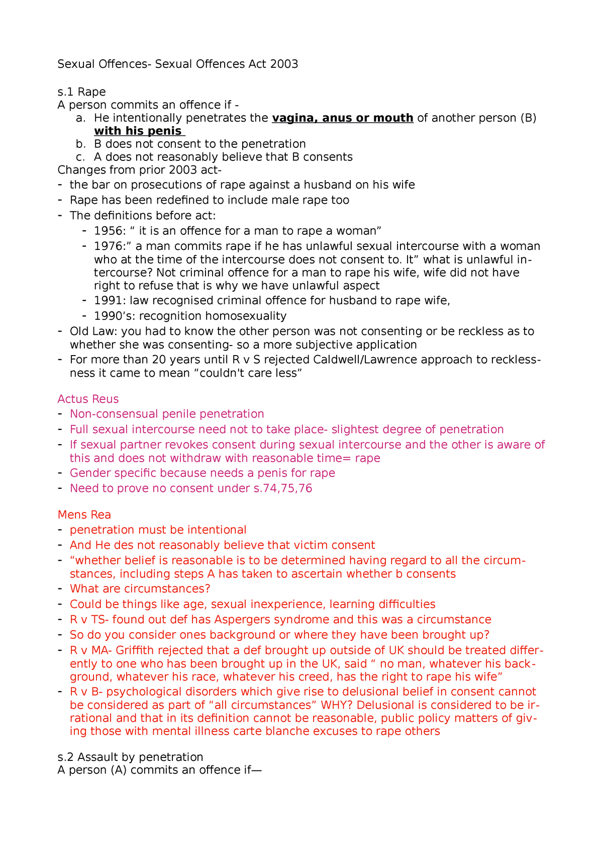 Sexual Offences Word - Notes From Criminal Law Textbook - Sexual ...