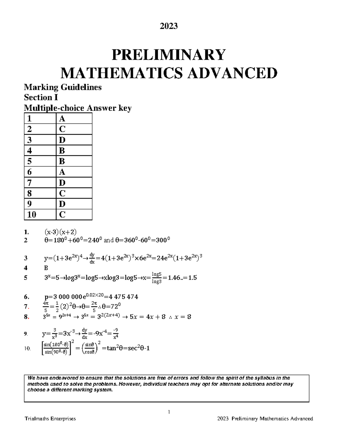 Yr 11 2023 2u ans - cvbn - 1 Trialmaths Enterprises 2023 Preliminary ...