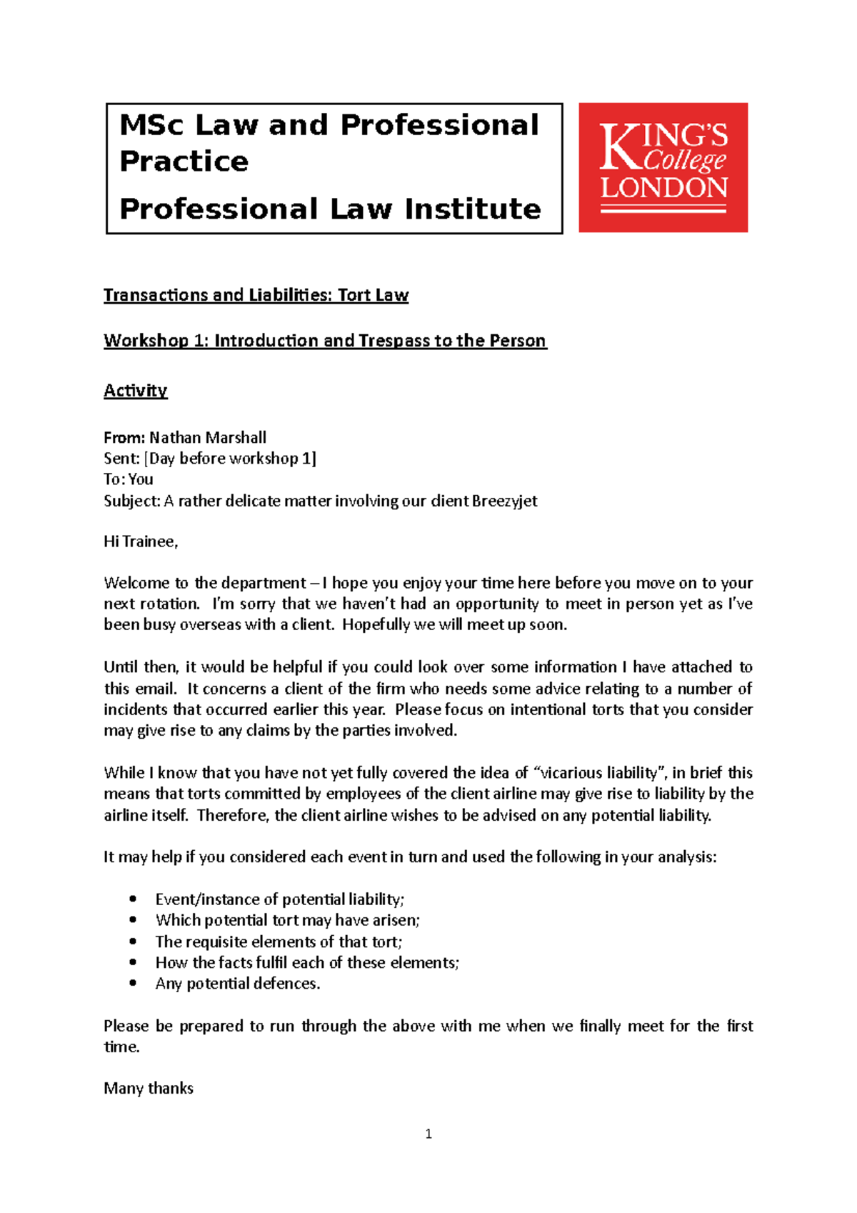 1. Tort Law WS1 Activity - Transactions and Liabilities: Tort Law ...