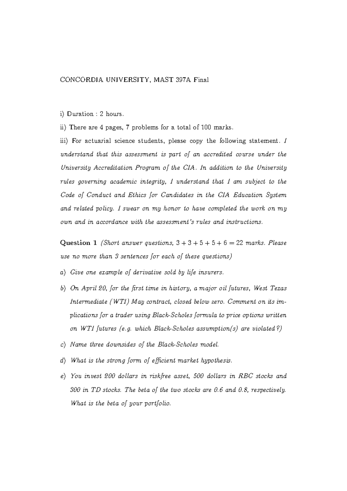 Final 2021 - CONCORDIA UNIVERSITY, MAST 397A Final i) Duration : 2 ...