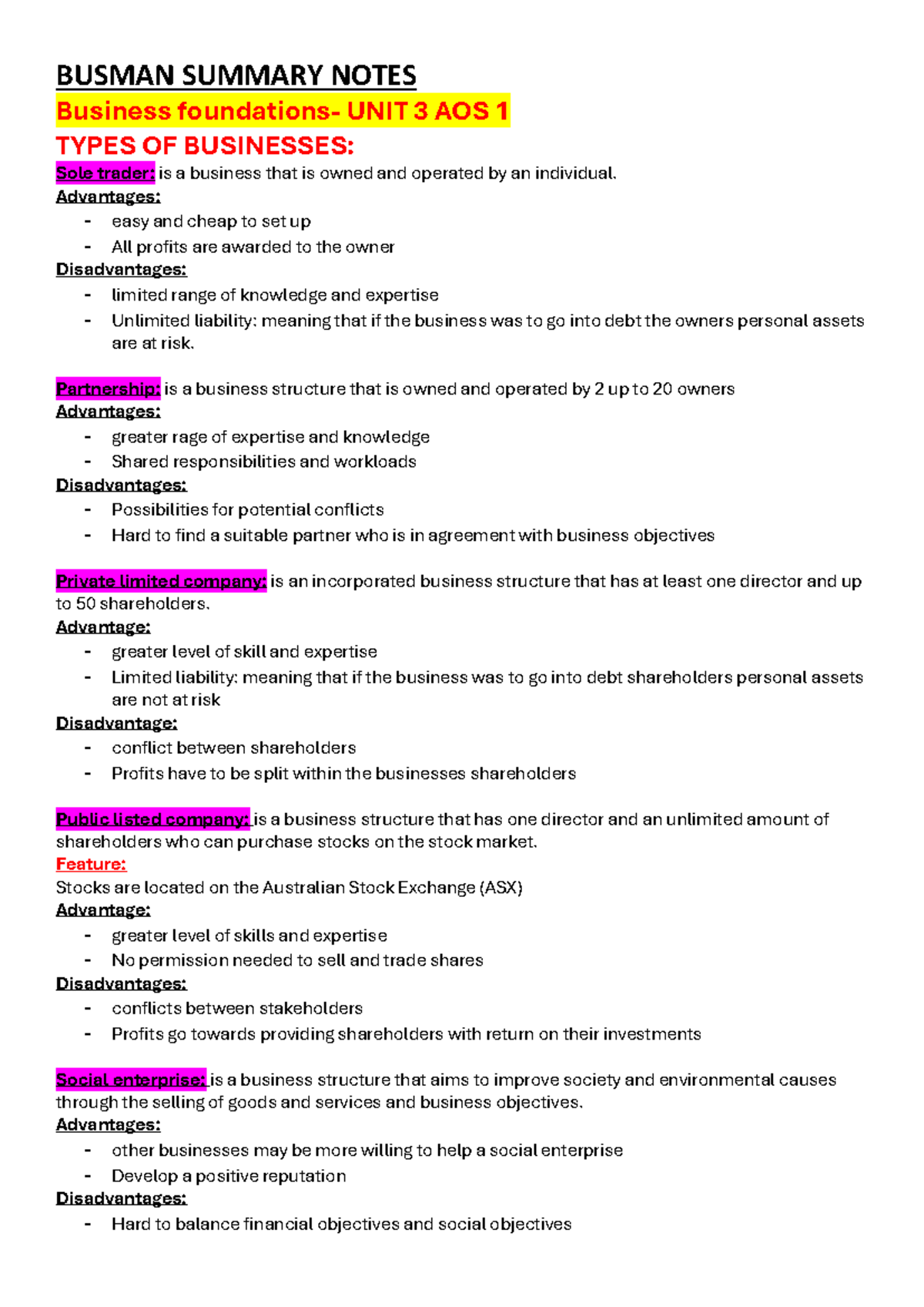 Busman EXAMn 1 - BUSMAN SUMMARY NOTES Business foundations- UNIT 3 AOS ...