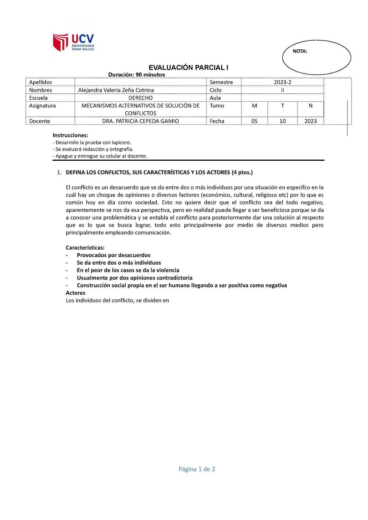 Examen Parcial I - MASC Alejandra Zeña Cotrina - EVALUACIÓN PARCIAL I ...