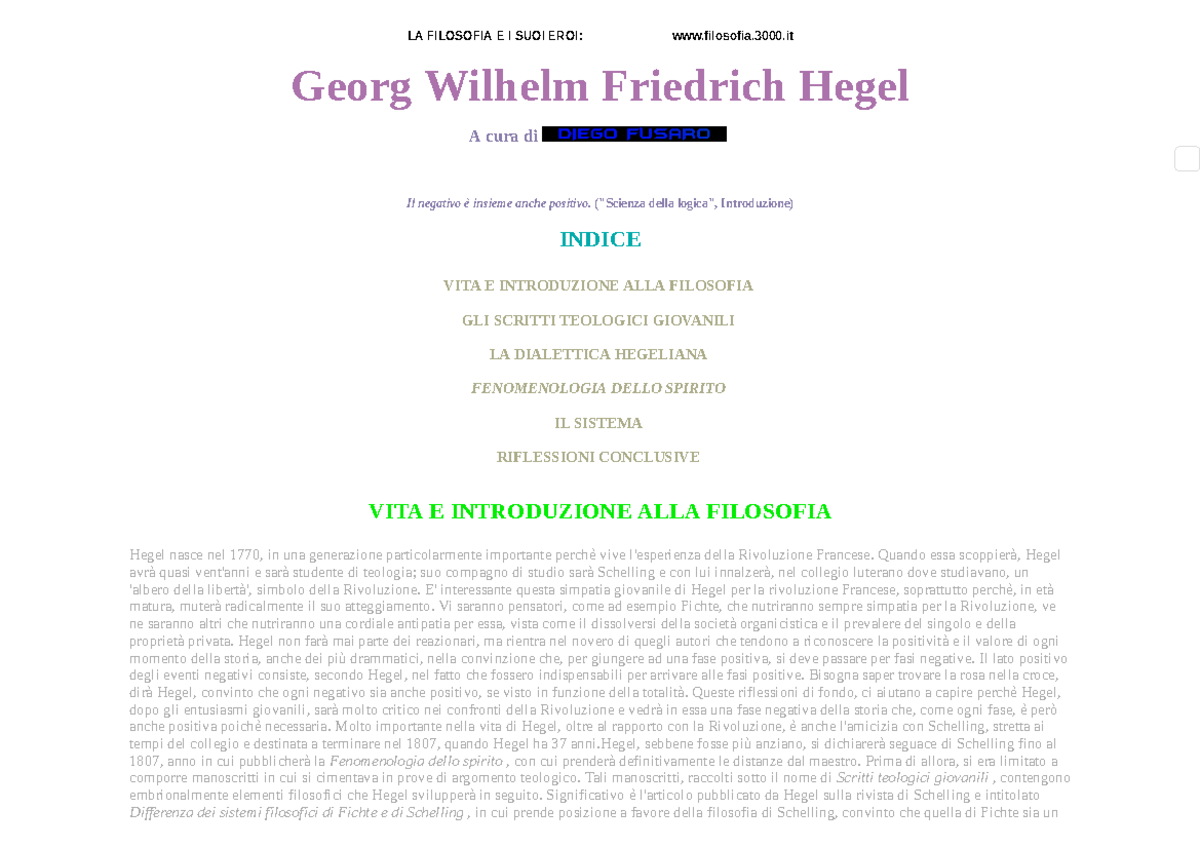 Georg Wilhelm Friedrich Hegel - LA FILOSOFIA E I SUOI EROI: filosofia