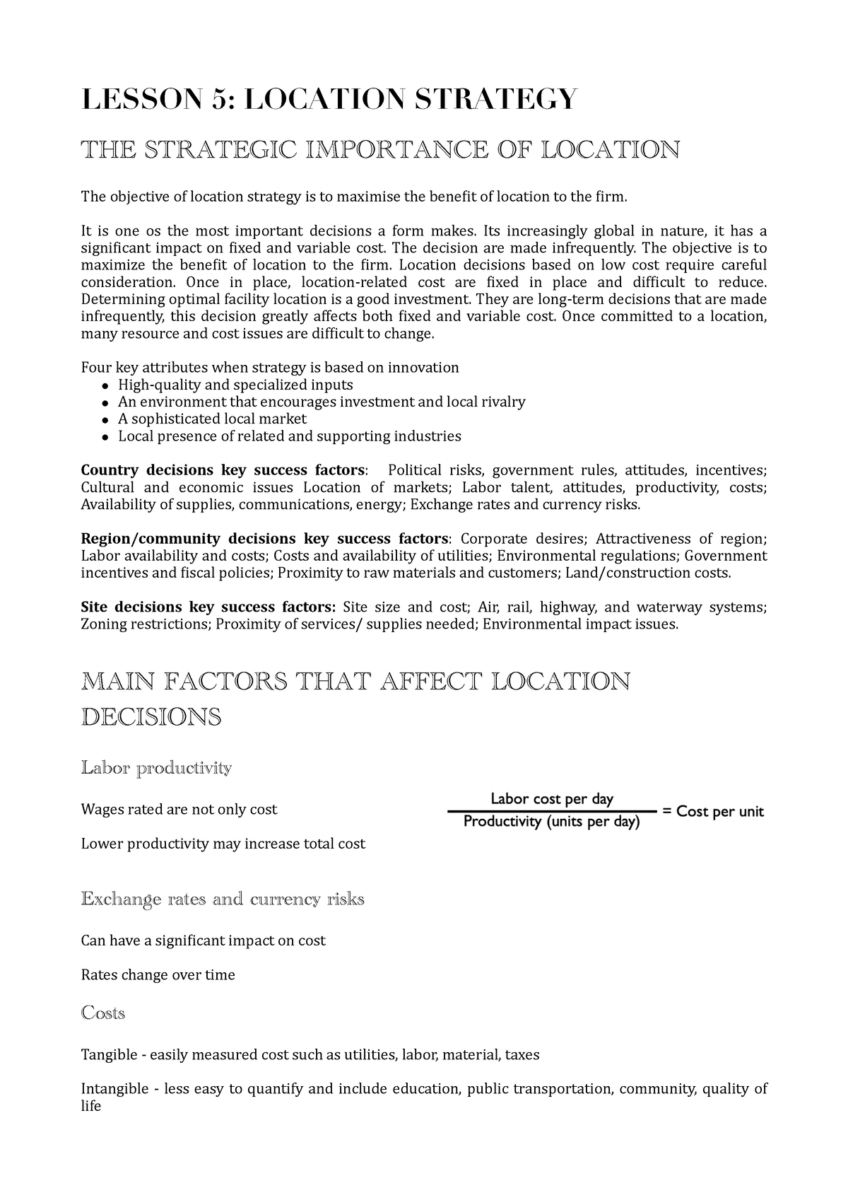 Lesson 5 Production Management Notes Lesson 5 Location Strategy