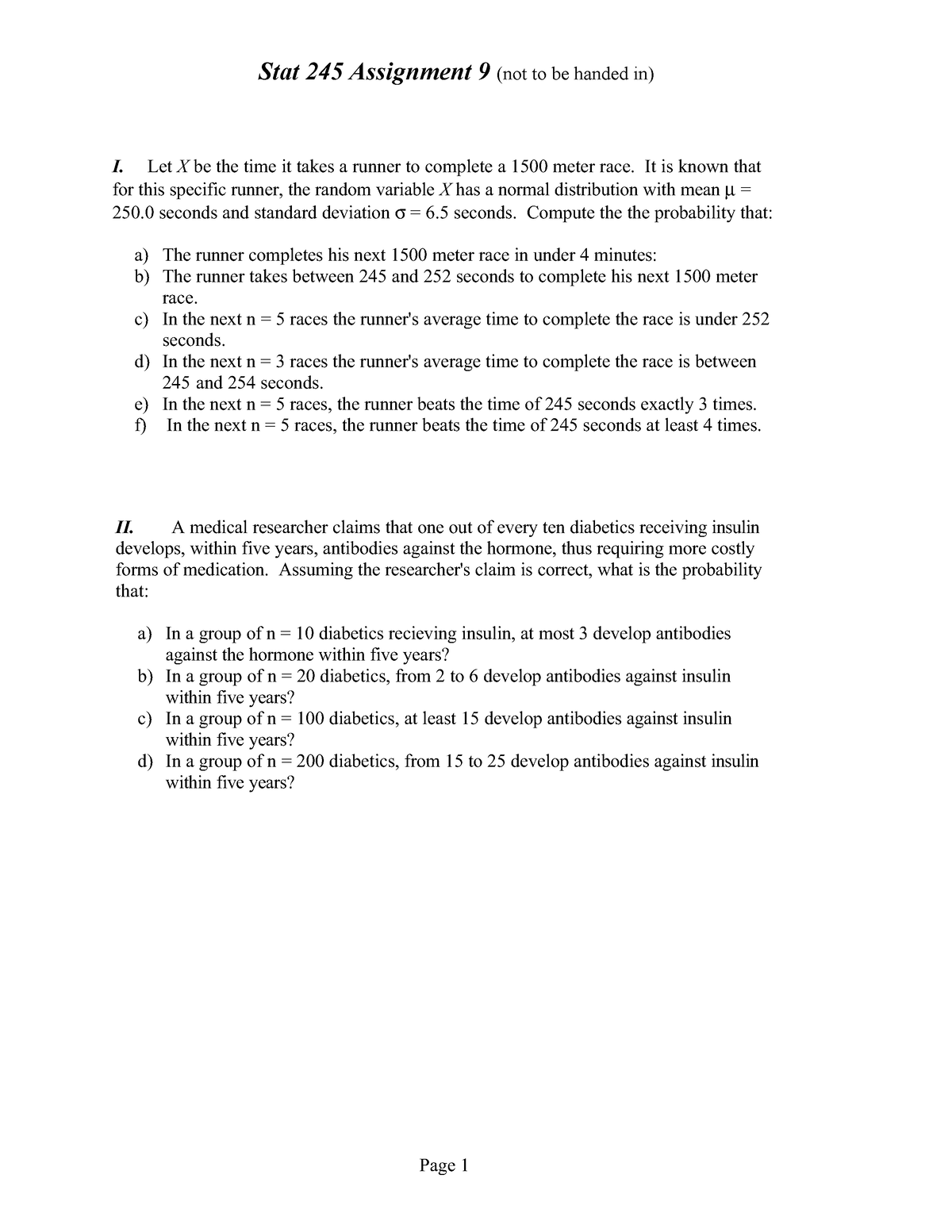 Stat 245.3 Assignment 9 - Stat 24 5 Assignment 9 (not to be handed in ...