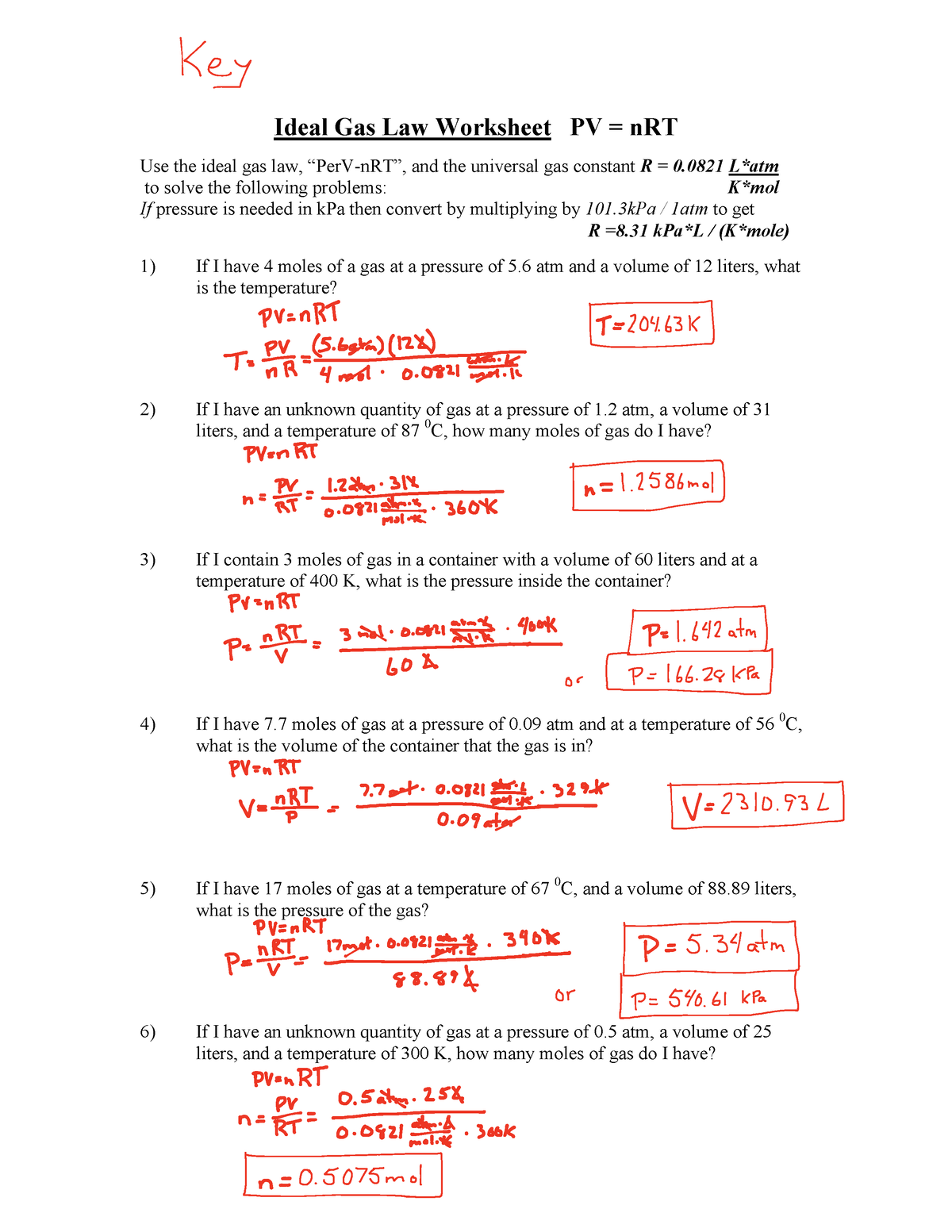 Ideal Gas Law Worksheet 2 Answer Ideal Gas Law Worksheet PV = nRT Use