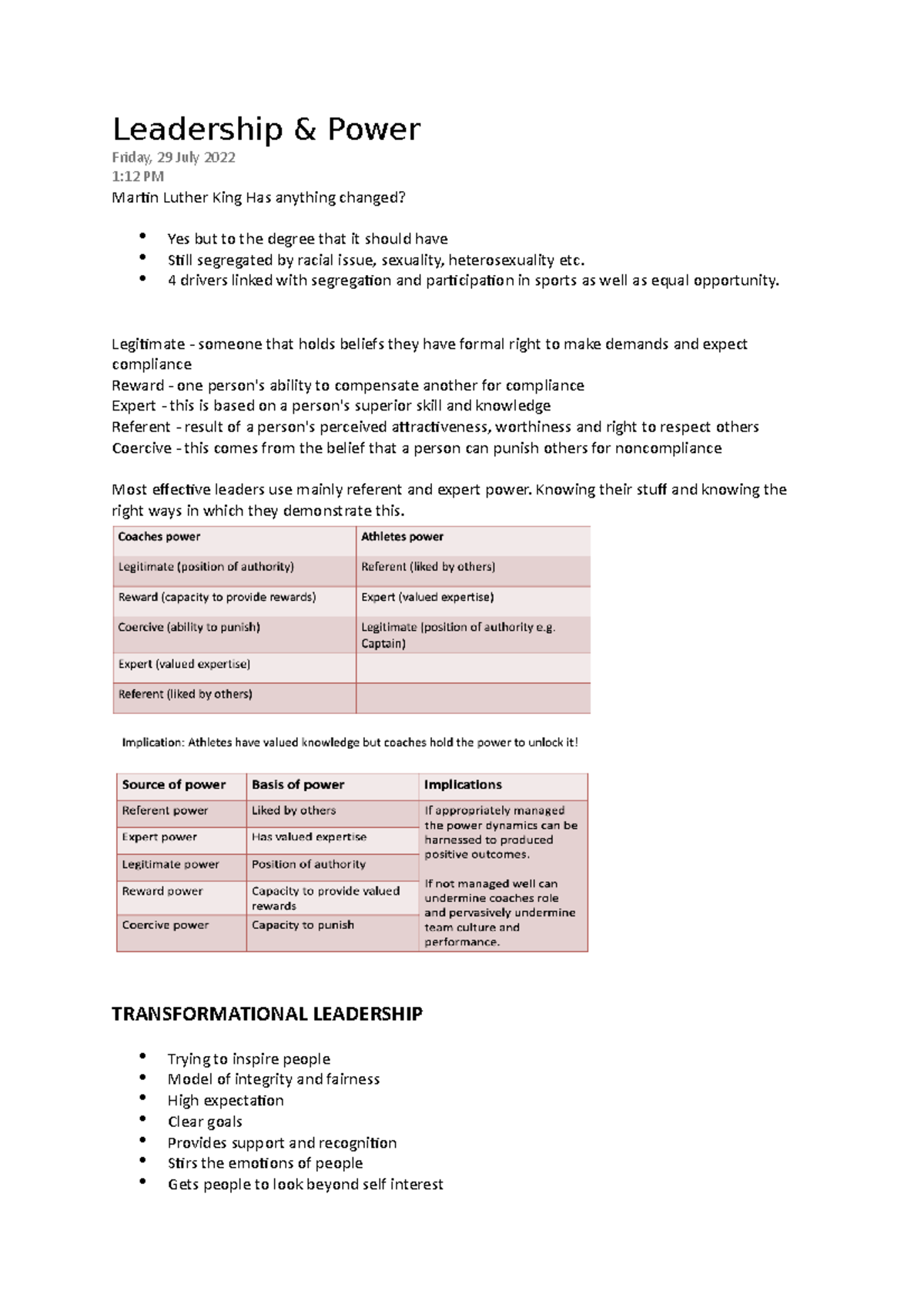 Leadership and Power notes - Leadership & Power Friday, 29 July 2022 1: ...