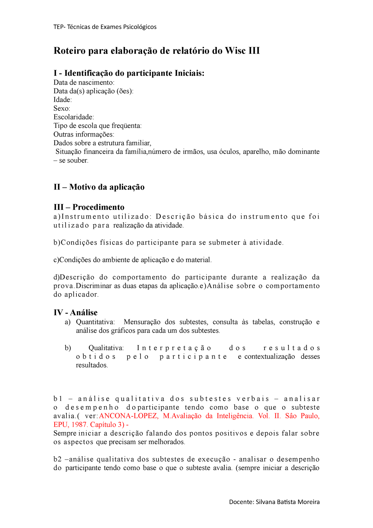 Roteiro Para Elaboração De Relatório Do Wisc Iii Tep Técnicas De Exames Psicológicos Roteiro 4113