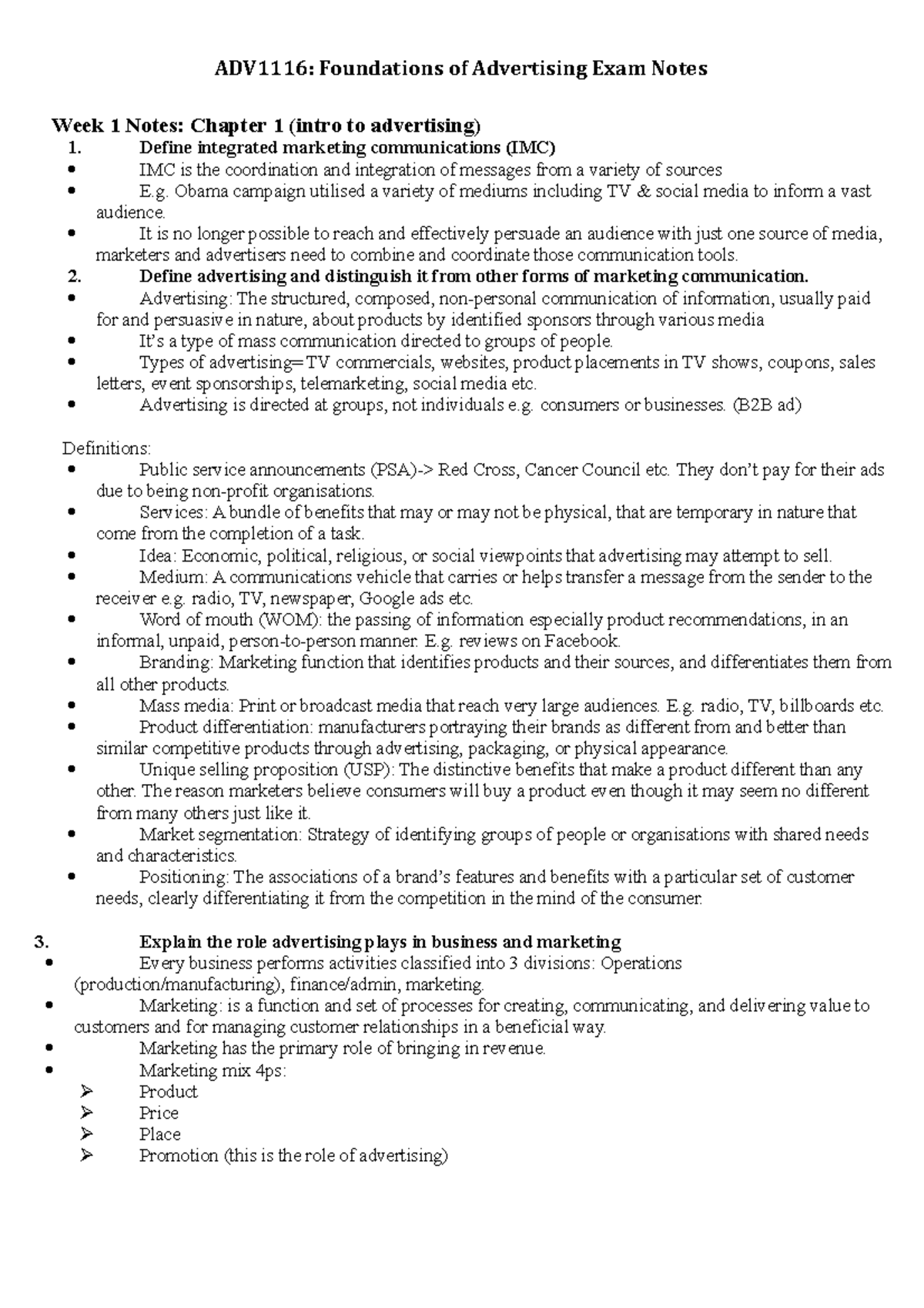 ADV1116 Exam Notes - Week 1 Notes: Chapter 1 (intro to advertising ...
