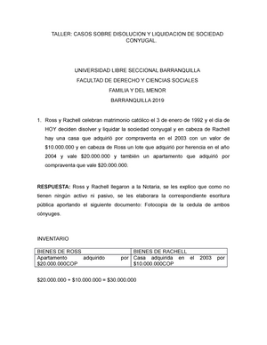 Familia CASOS LIQUIDACION SOCIEDAD CONYUGAL - TALLER: CASOS SOBRE DISOLUCION  Y LIQUIDACION DE - Studocu