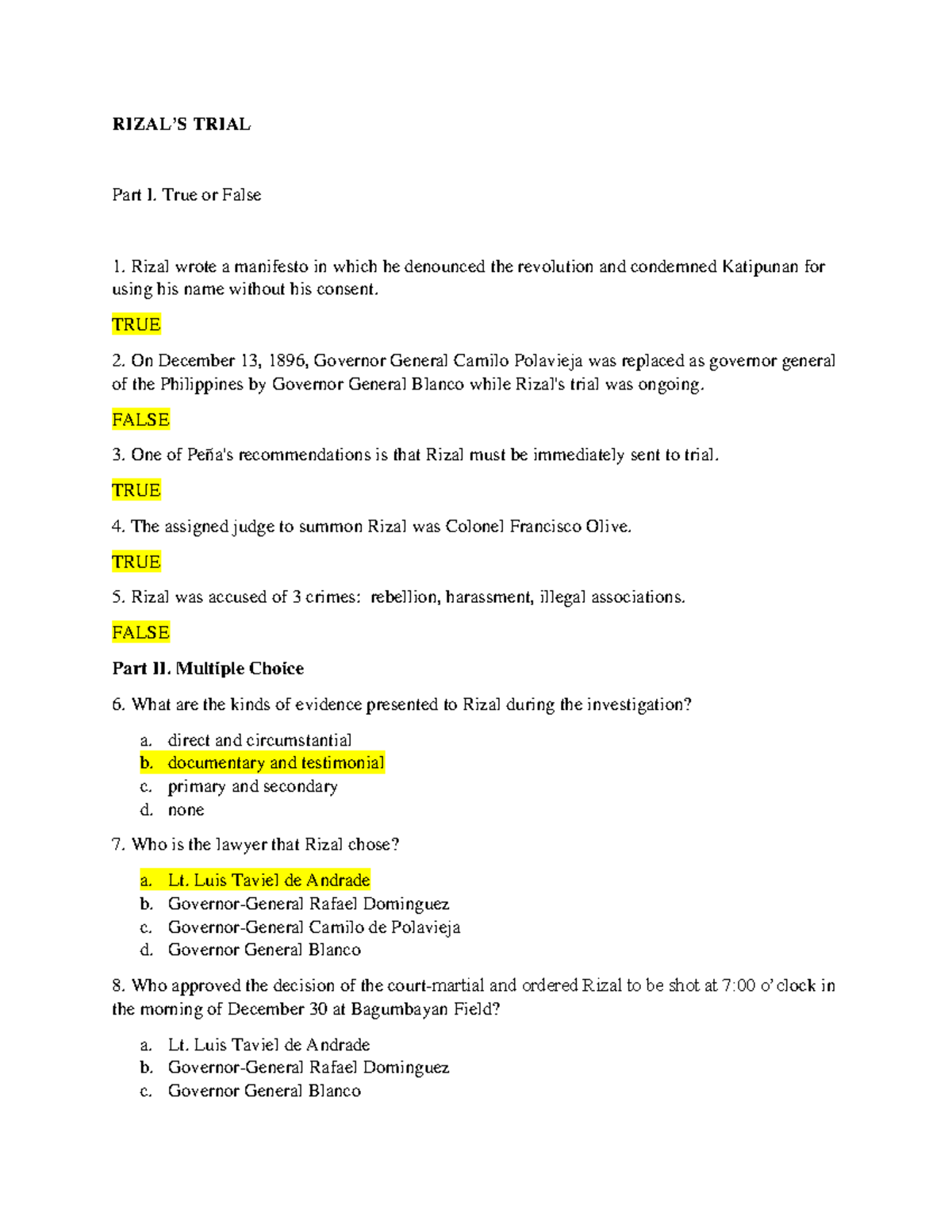 Final EXAM Reviewer - comprehensive - RIZAL’S TRIAL Part I. True or ...