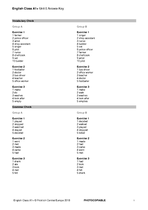 Together Kl4 Standard Tests Answer Key - Unit 1 A Ex. 1 1 C 2 C 3 A 4 C ...